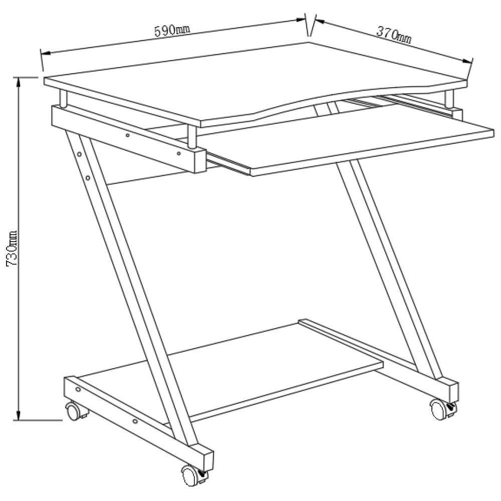 Illustration eines Computertisches mit Maßen. Er hat eine Hauptfläche, eine Tastaturablage und ein unteres Regal. Er steht auf Rollen.