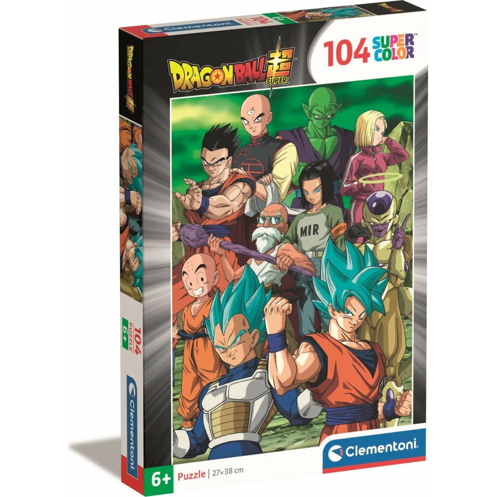 Una caja de rompecabezas de Dragon Ball Super muestra múltiples personajes. La caja tiene un signo verde de 6+ y el texto '104 SUPER COLOR'.