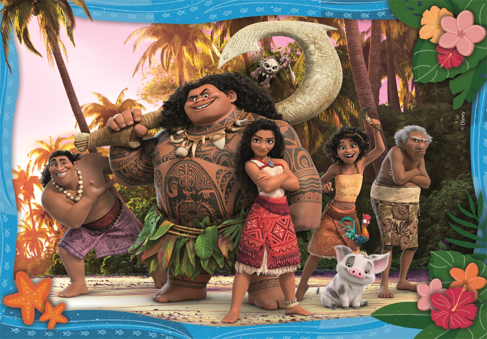 Moana und Charaktere stehen in einer tropischen Szene. Maui hält einen Haken. Andere posieren. Hintergrund hat Palmen und Blumen.