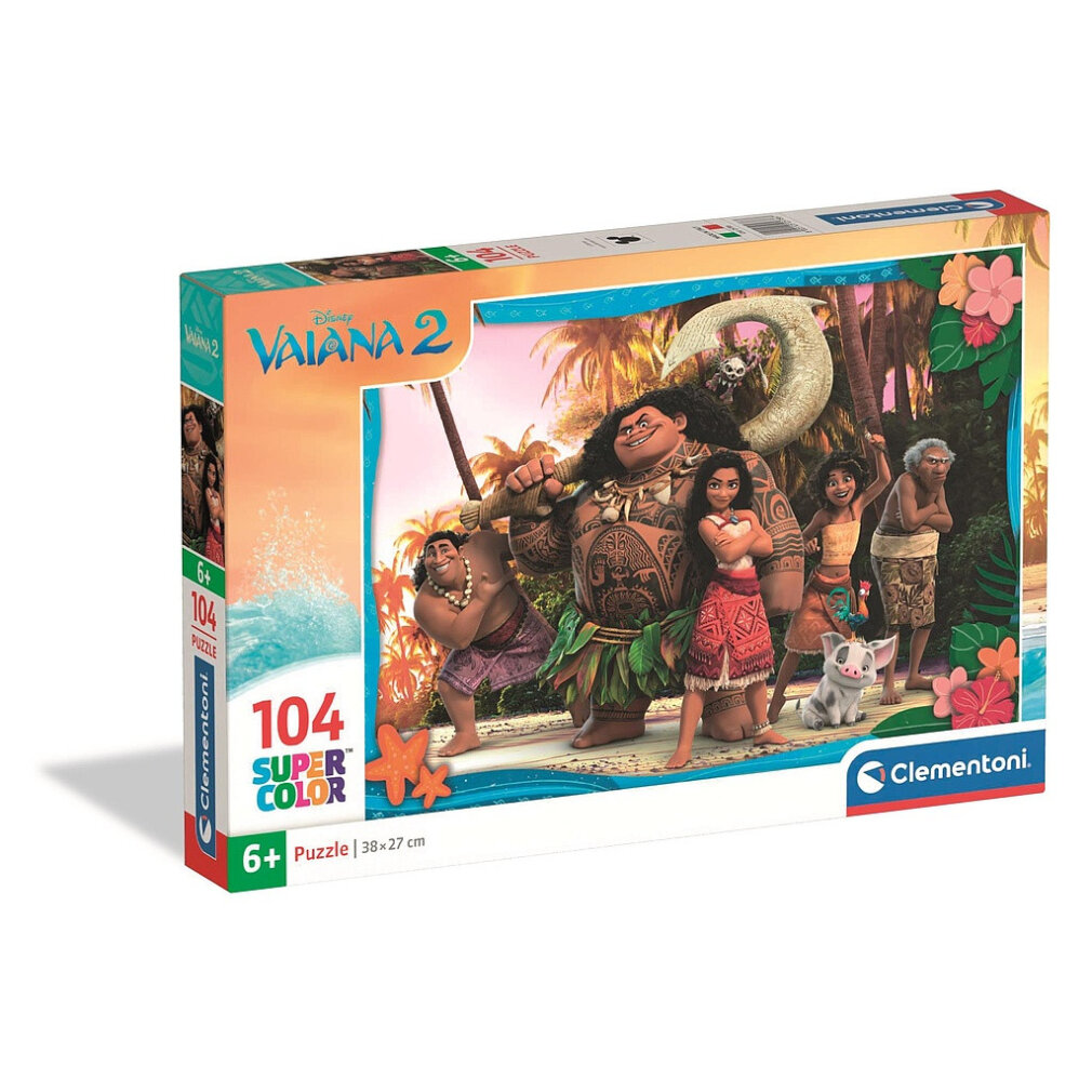 Eine Puzzledose von Vaiana 2 mit Figuren aus dem Film. Enthält Maui, Vaiana und andere in tropischer Umgebung. Auf der Box steht 104 Super Color.