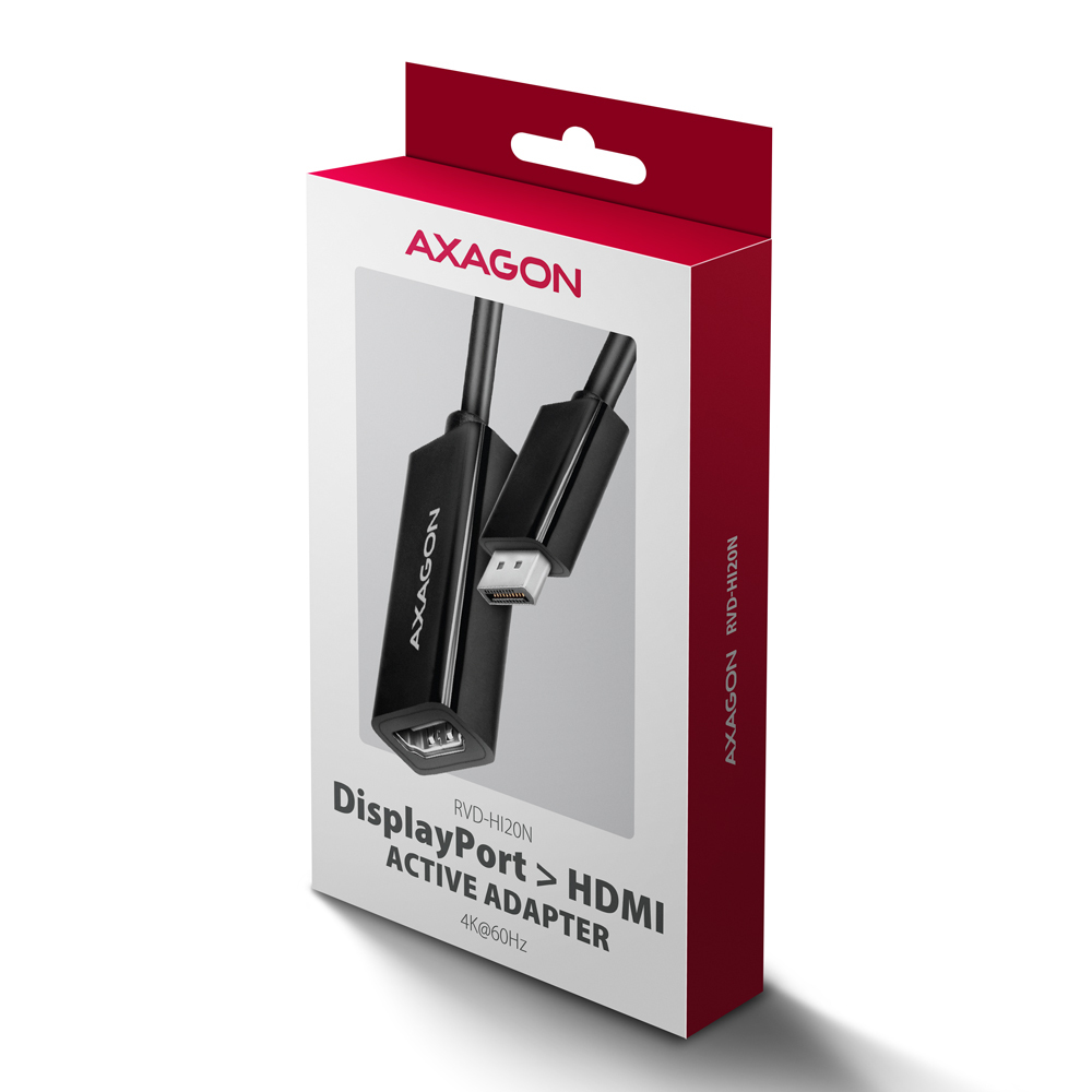 Pudełko produktu prezentujące czarny adapter DisplayPort na HDMI. Pudełko jest białe z czerwonymi akcentami i marką AXAGON.