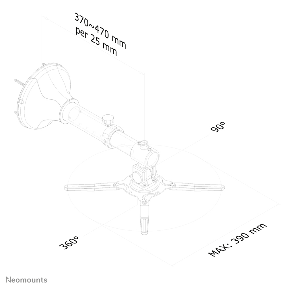 Biały uchwyt do projektora z wymiarami. Zawiera głowicę mocującą, regulowane ramię i podstawę statywu z adnotacjami pomiarowymi.