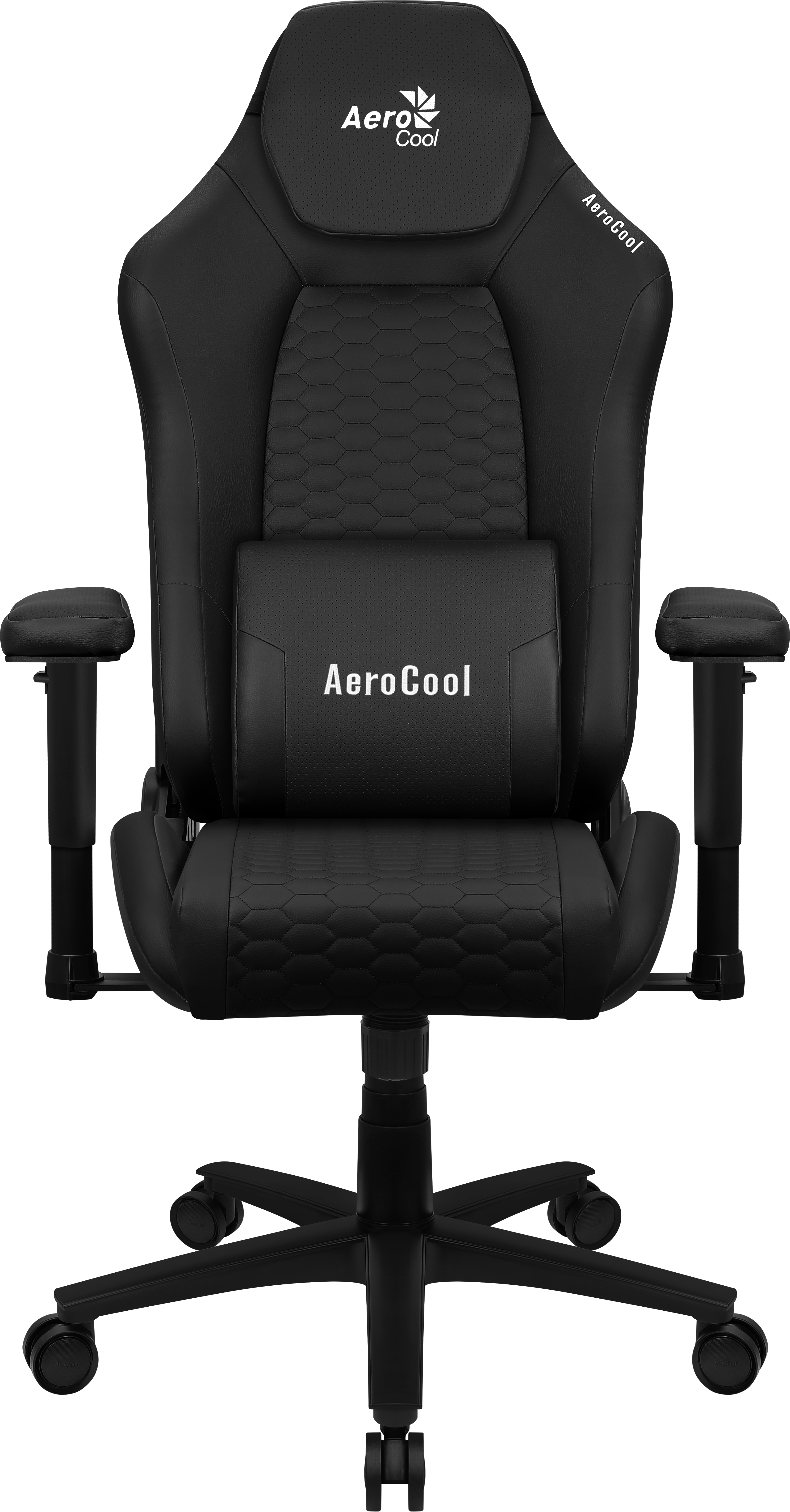 Czarny fotel gamingowy AeroCool. Posiada zagłówek, podparcie lędźwi, podłokietniki i pięcioramienną podstawę z kółkami. Logo jest widoczne.