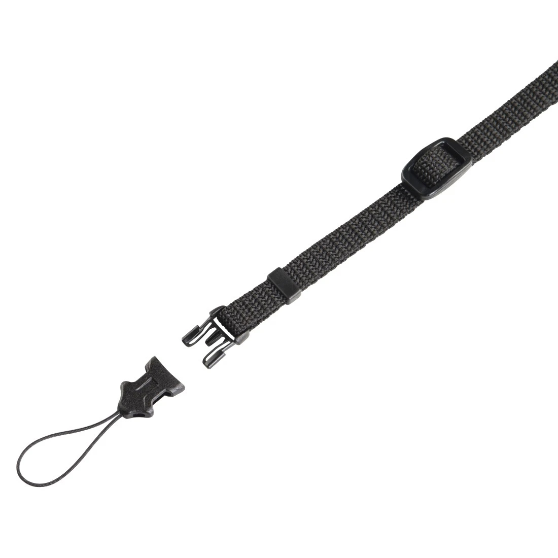 Schwarzes Lanyard mit Verschluss und Schlaufe zum Befestigen an einem Gerät. Der Hintergrund ist schlicht weiß.