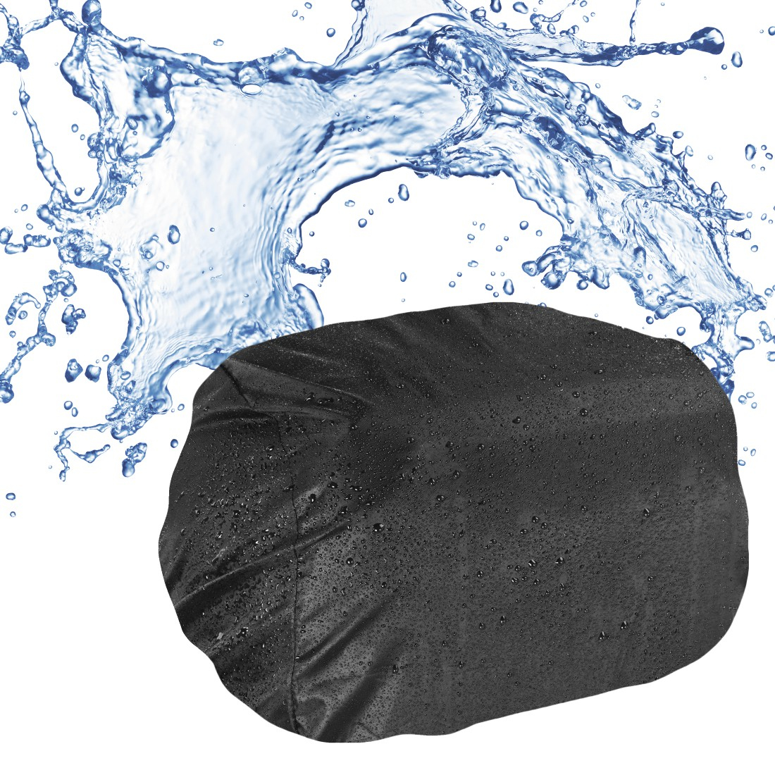Una copertura nera, bagnata e arrotondata è sotto uno spruzzo di acqua blu. La copertura ha goccioline d'acqua sulla superficie.