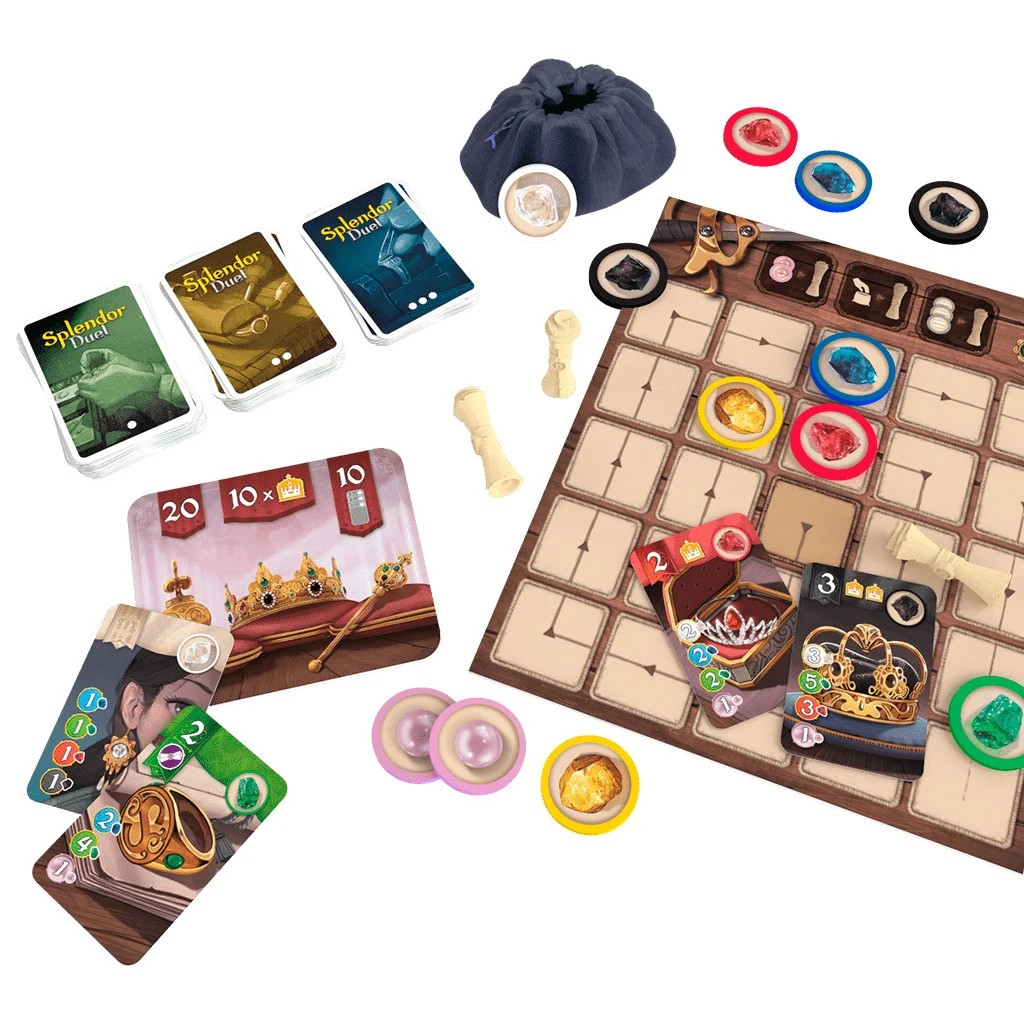 Brettspiel mit Karten, Chips und einem Spielbrett. Karten zeigen Juwelen und Kronen. Chips sind Edelsteine. Auch ein blauer Beutel ist vorhanden.