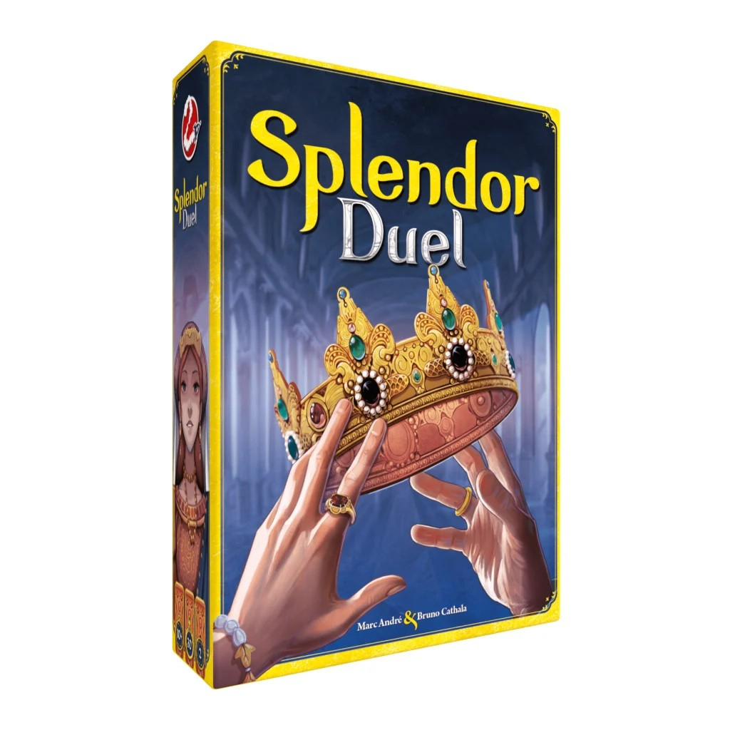 Splendor Duel-Brettspielbox. Hände halten eine goldene Krone mit Juwelen. Der Hintergrund zeigt ein Schlossinterieur.
