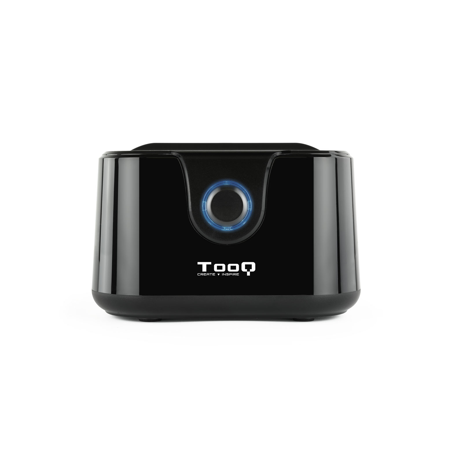 Dispositivo negro y rectangular con un círculo iluminado en azul y el logo 'Tooq'. Fondo blanco, foto de producto.