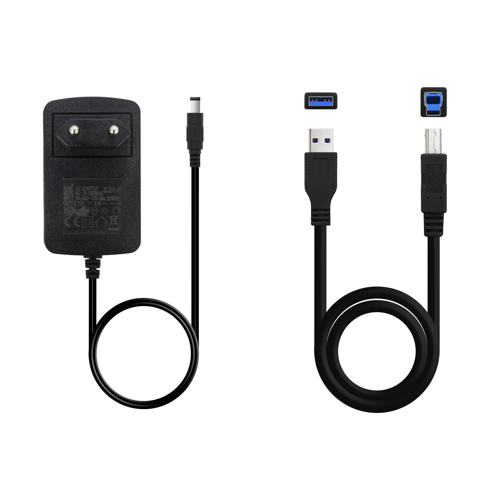 Un adaptador de CA y dos cables USB. Uno con conector USB estándar y otro con micro-USB.