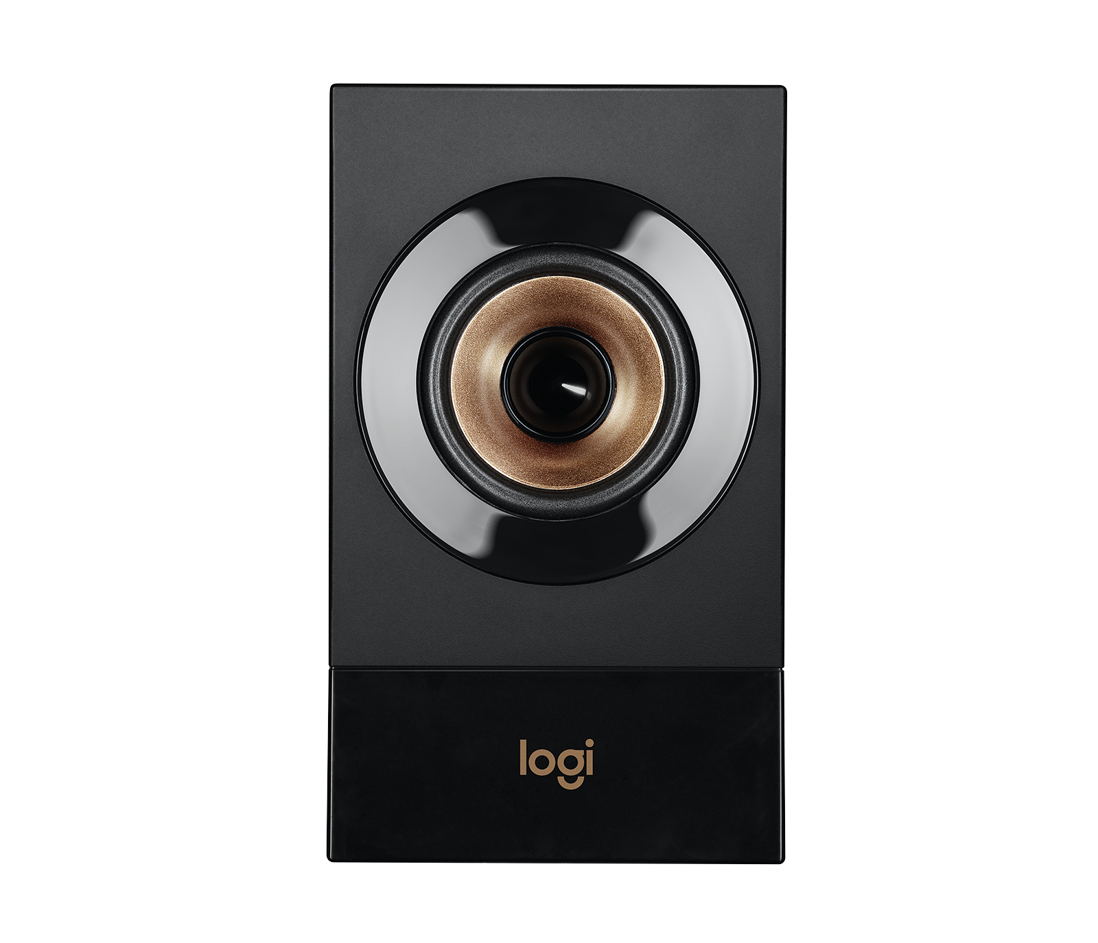 Un altoparlante nero con un centro dorato. Il logo Logitech è in basso. Ha un altoparlante circolare all'interno di una cornice nera.