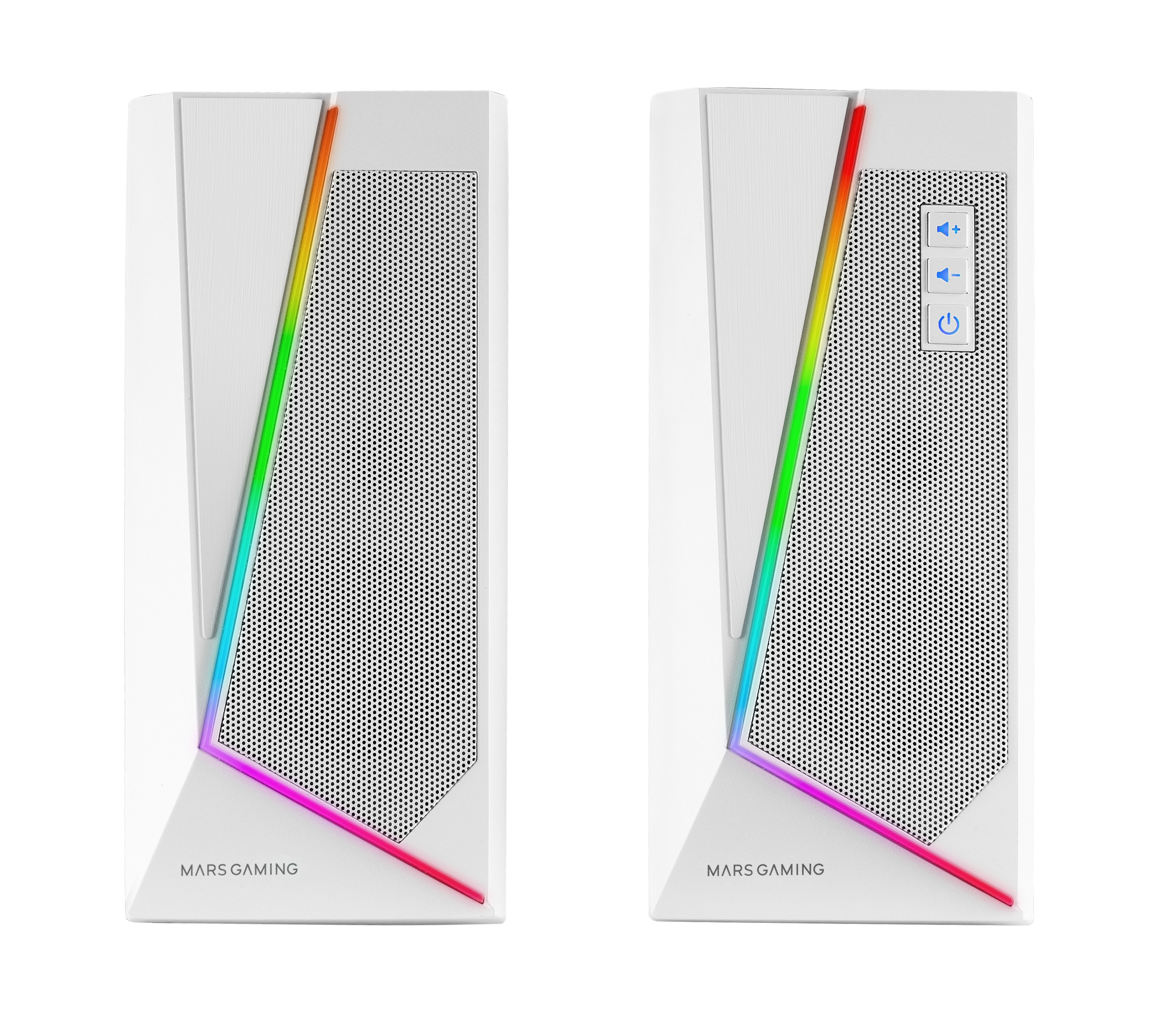 Dos torres de PC blancas con luces RGB. Una tiene controles de volumen, la otra no tiene botones. Logotipo 'Mars Gaming'.