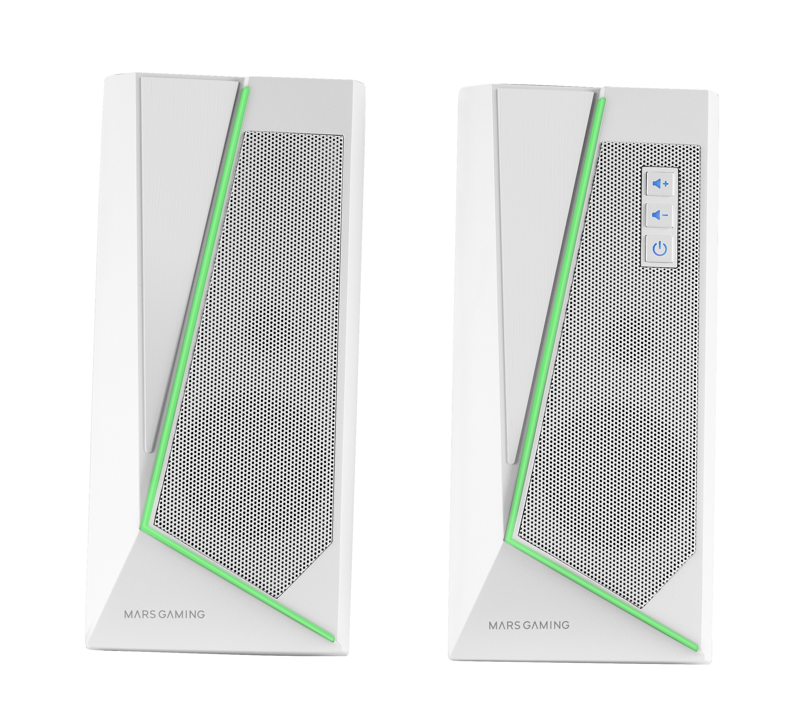 Dos altavoces blancos con detalles verdes. Uno tiene botones de volumen y encendido. Logotipo MARS GAMING visible.