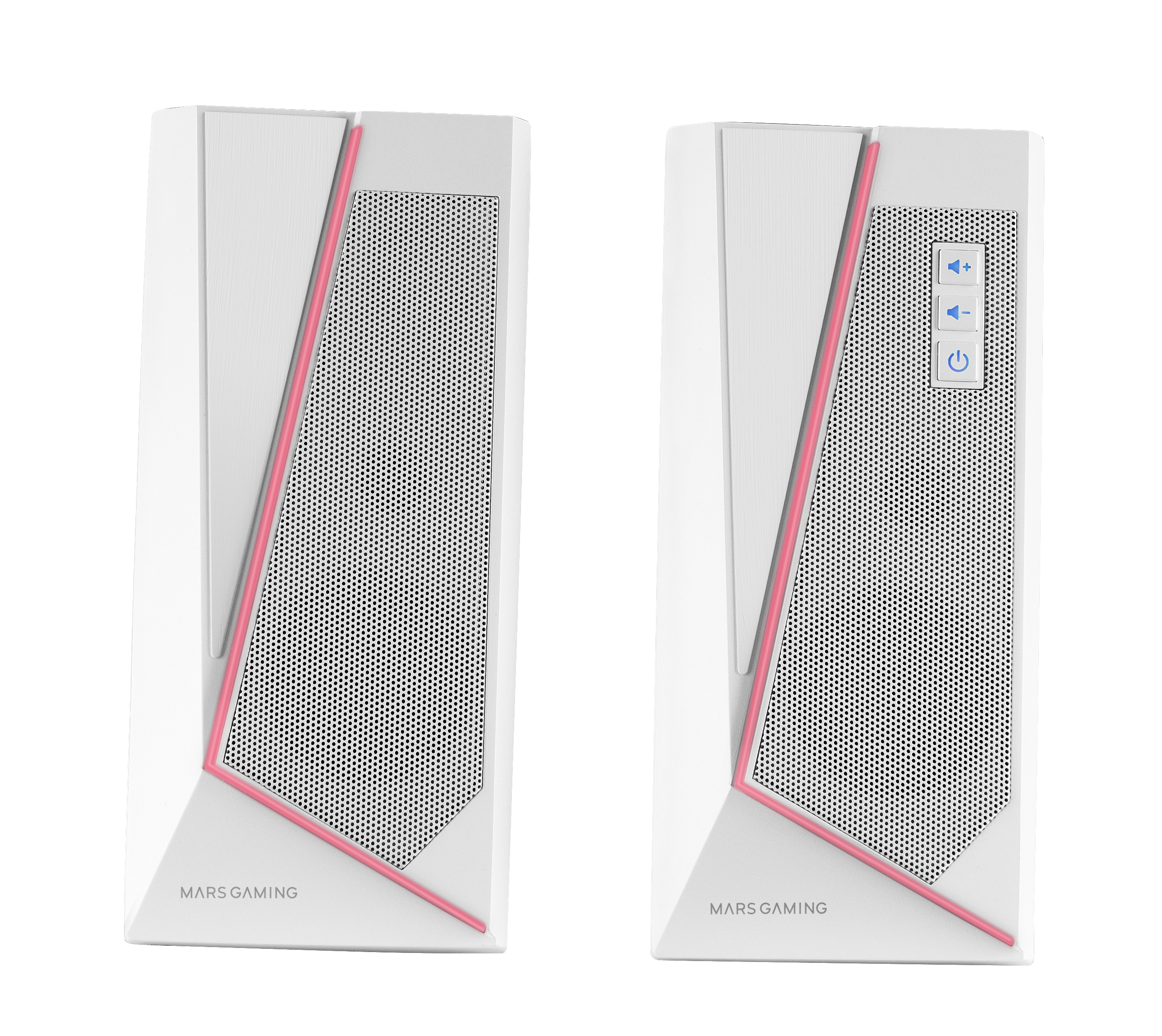 Dos altavoces de ordenador blancos con detalles rosas. Uno tiene botones de volumen y encendido. MARS GAMING está impreso.