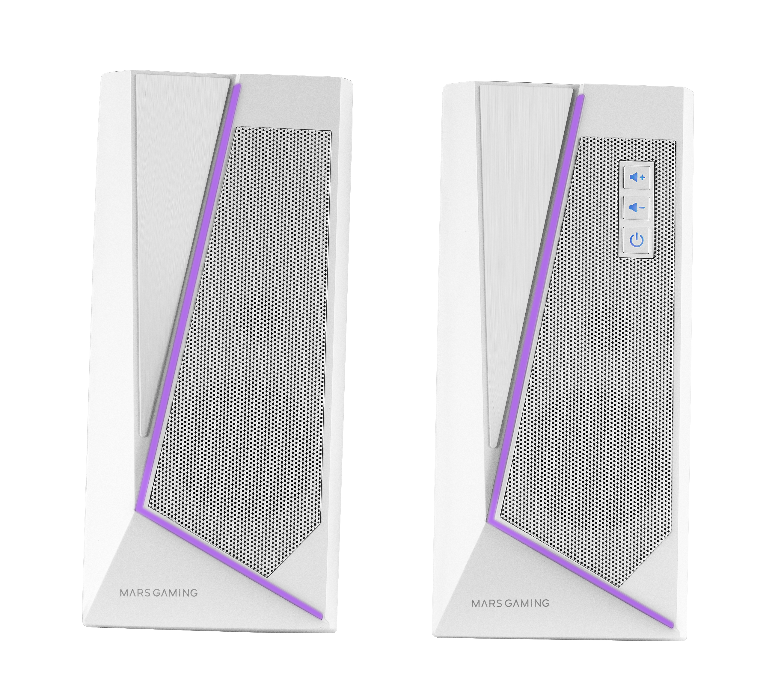 Dos altavoces de ordenador blancos. Uno tiene controles de volumen y un botón de encendido. Ambos tienen detalles morados y malla.