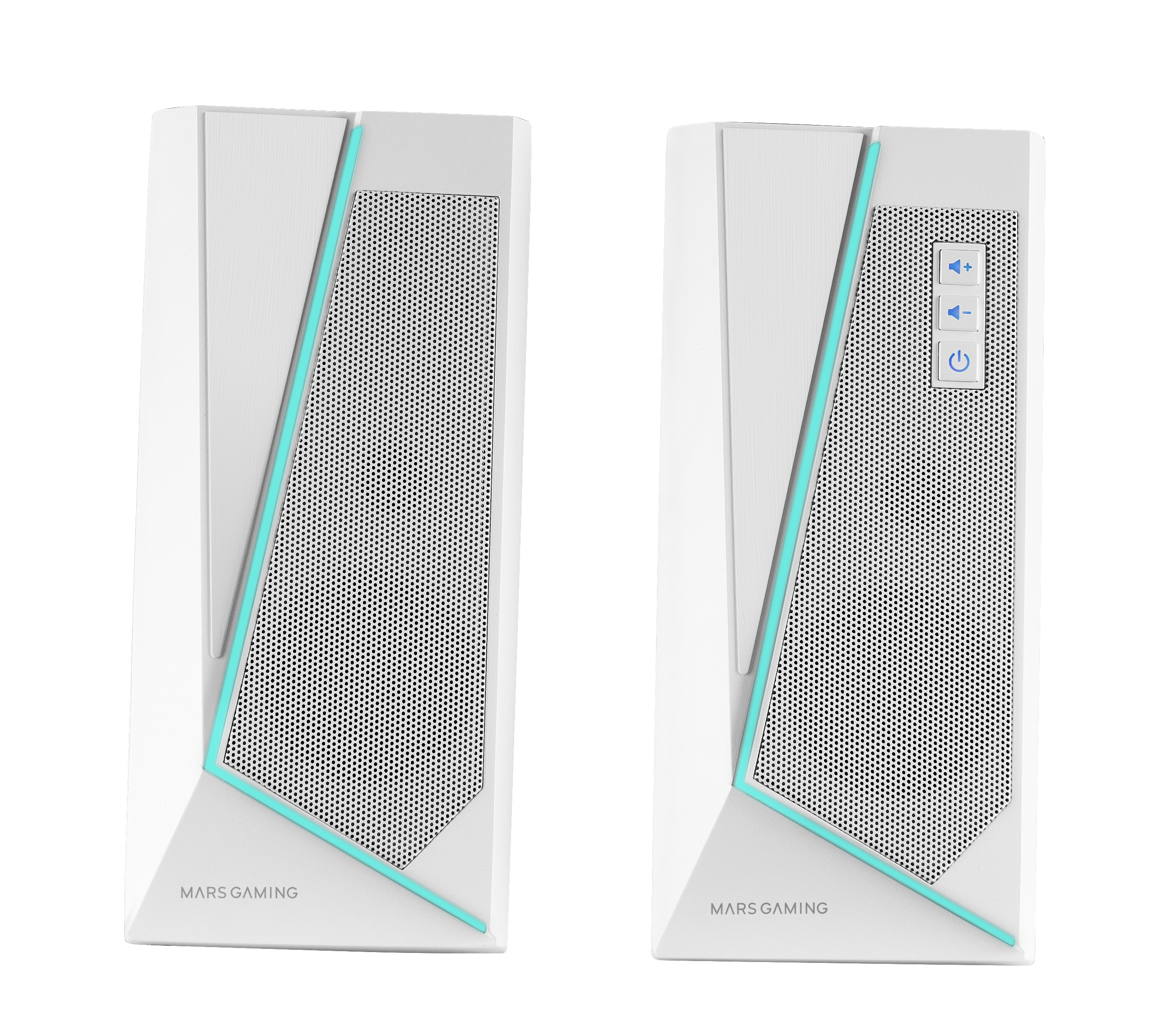 Dos altavoces blancos con rejillas de puntos negros y detalles turquesas. Uno tiene botones de volumen y encendido.