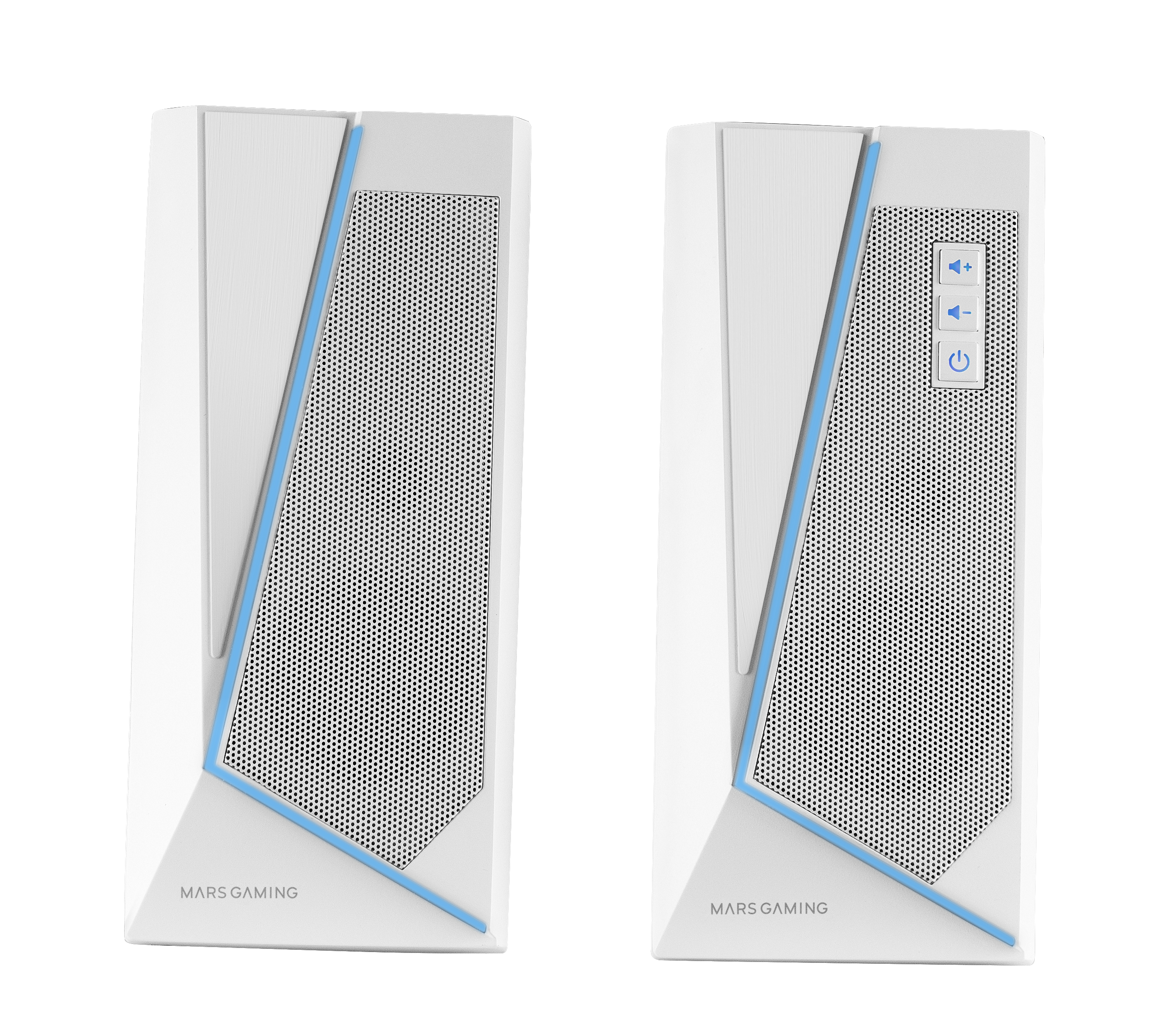 Dos altavoces blancos con detalles azules. Uno tiene botones de volumen y encendido. El logo es 'Mars Gaming'.