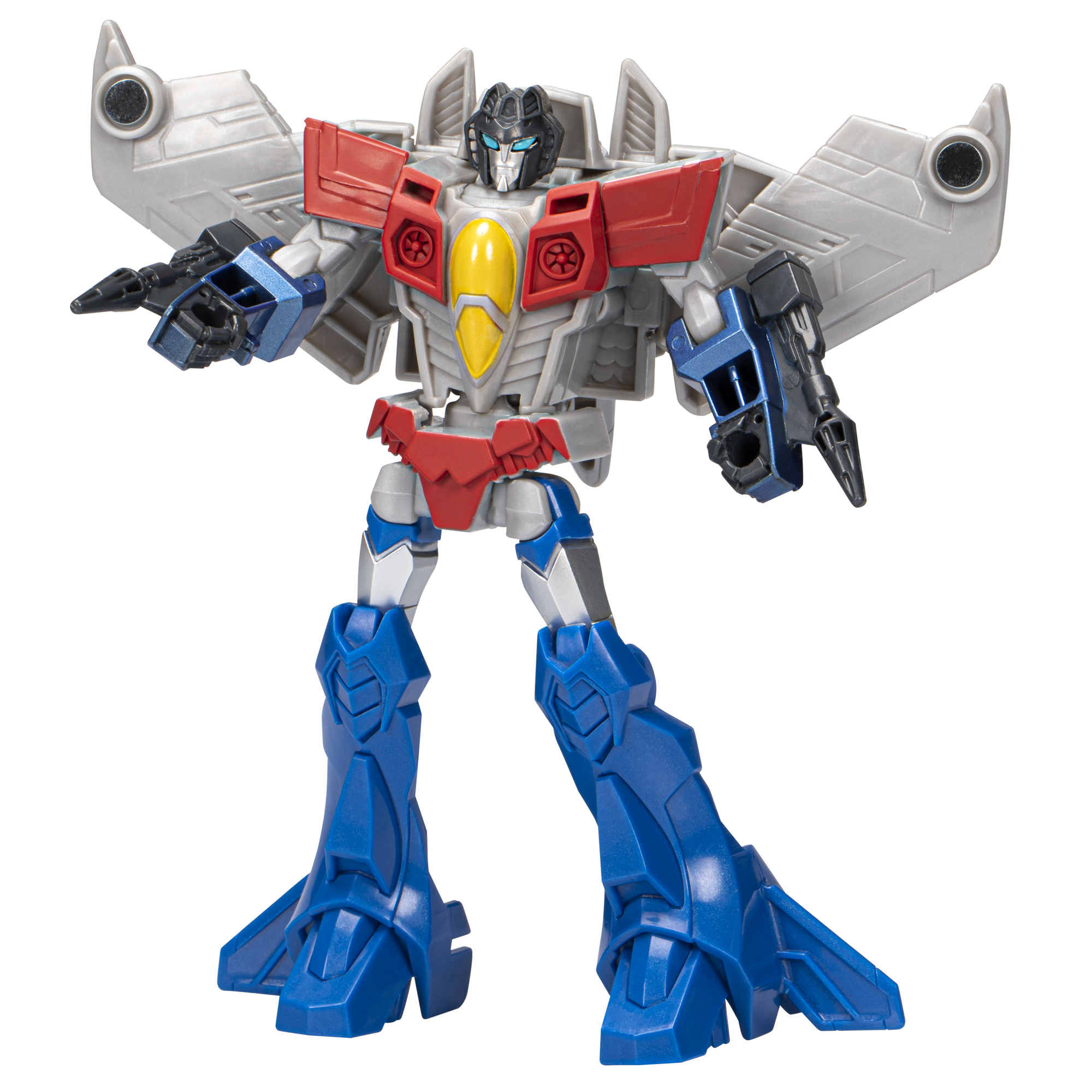 Un robot giocattolo Starscream è in piedi con le braccia tese. Ha parti rosse, blu, grigie e gialle. Su sfondo bianco.