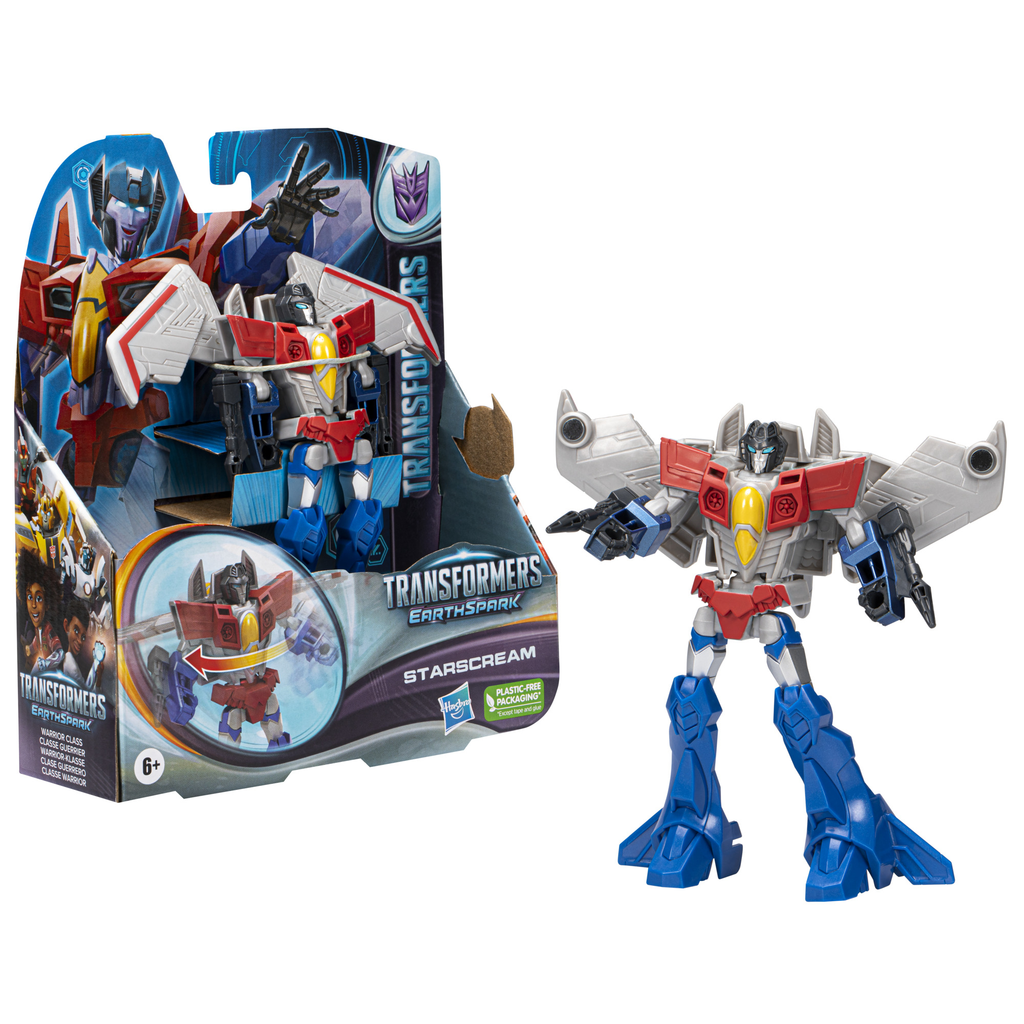 Un giocattolo Transformer Starscream è accanto alla sua confezione. Il giocattolo è grigio, rosso, giallo e blu. La scatola è blu, rossa e bianca.