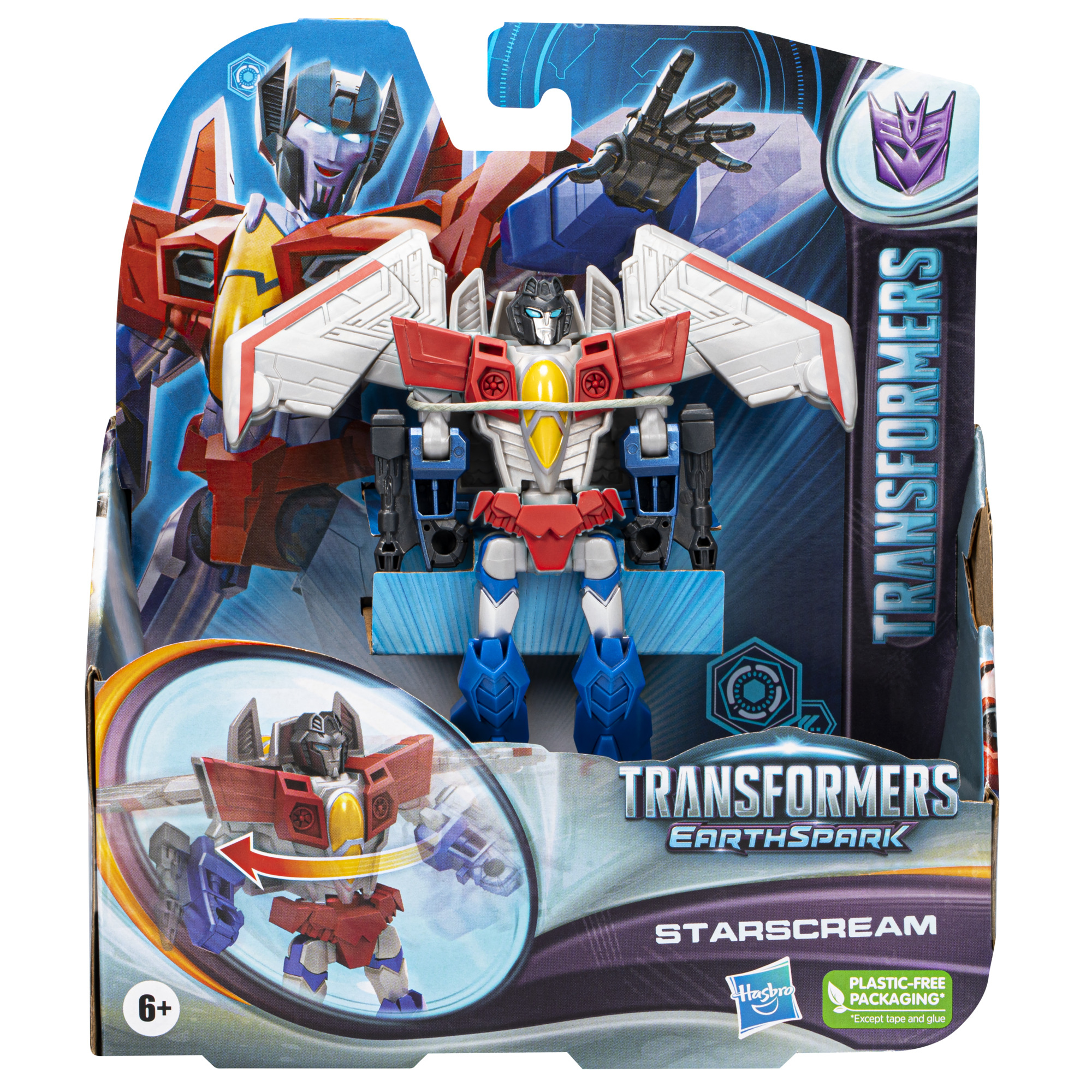 Un giocattolo Starscream di Transformers EarthSpark è nella sua confezione. Il giocattolo è rosso, bianco, blu e giallo.