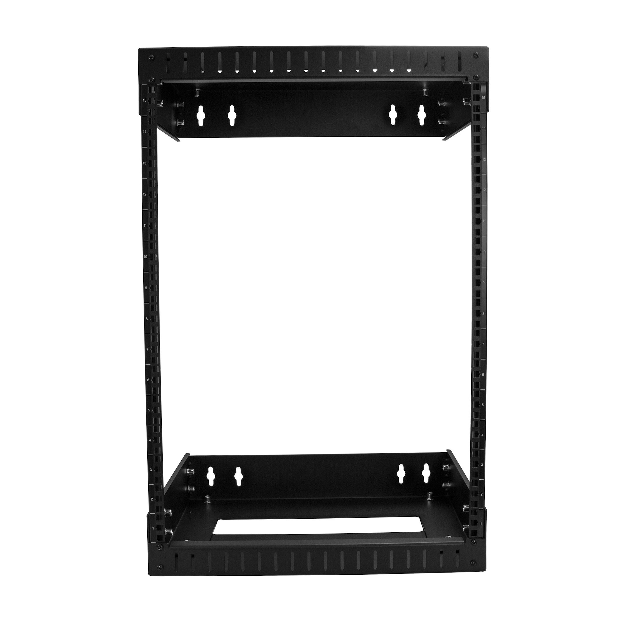 Un marco negro para rack de servidor, rectangular con rieles verticales numerados y orificios de montaje, aislado sobre blanco.