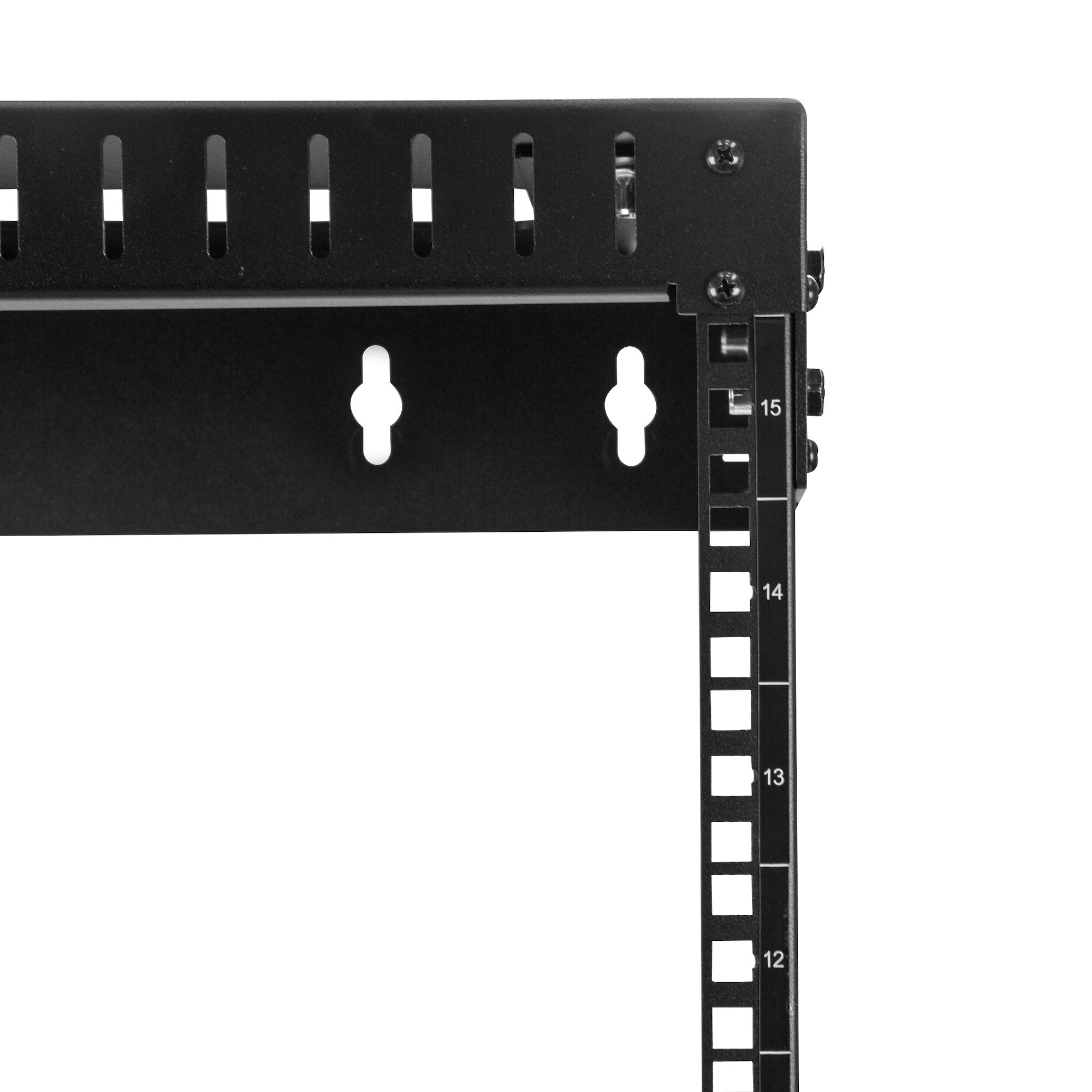 Componente negro de rack de metal con marcas numeradas y orificios de montaje sobre fondo blanco.