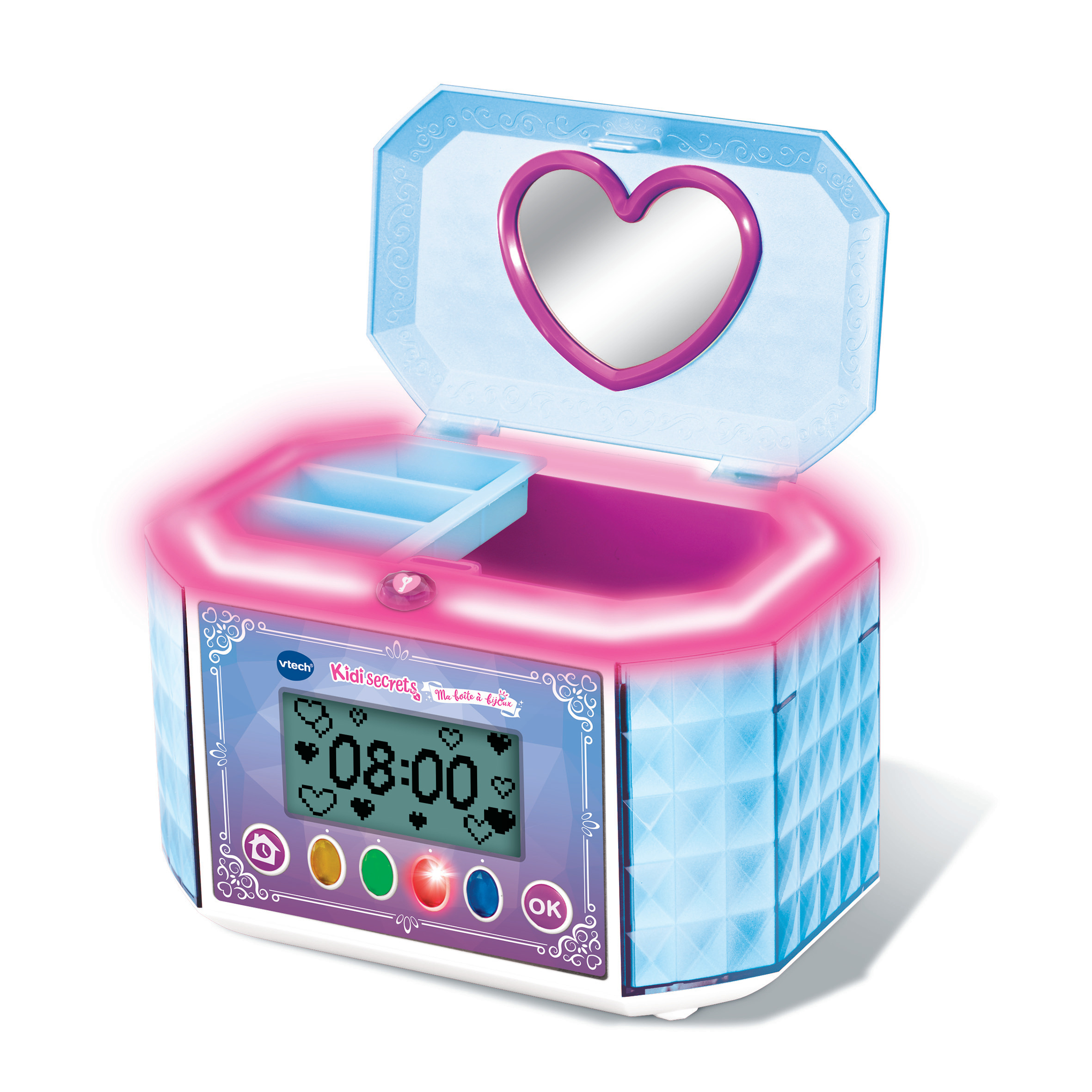 Eine rosa-blaue Spielzeugschmuckschatulle mit herzförmigem Spiegel. Es zeigt die Uhrzeit 08:00 auf einem Bildschirm an.
