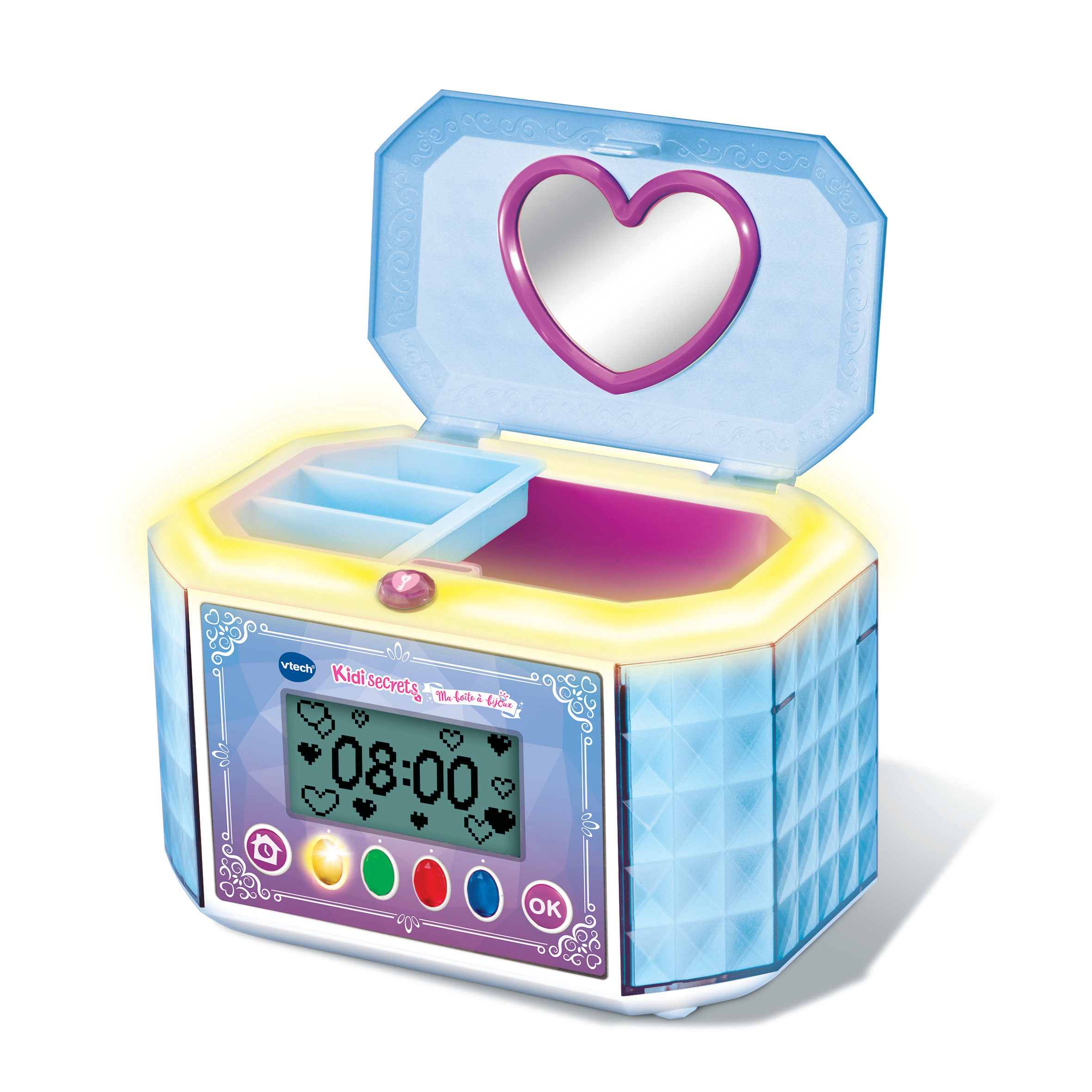 Eine blaue und lila KidiSecrets-Box, offen. Sie hat einen herzförmigen Spiegel und eine Digitaluhr mit 08:00.