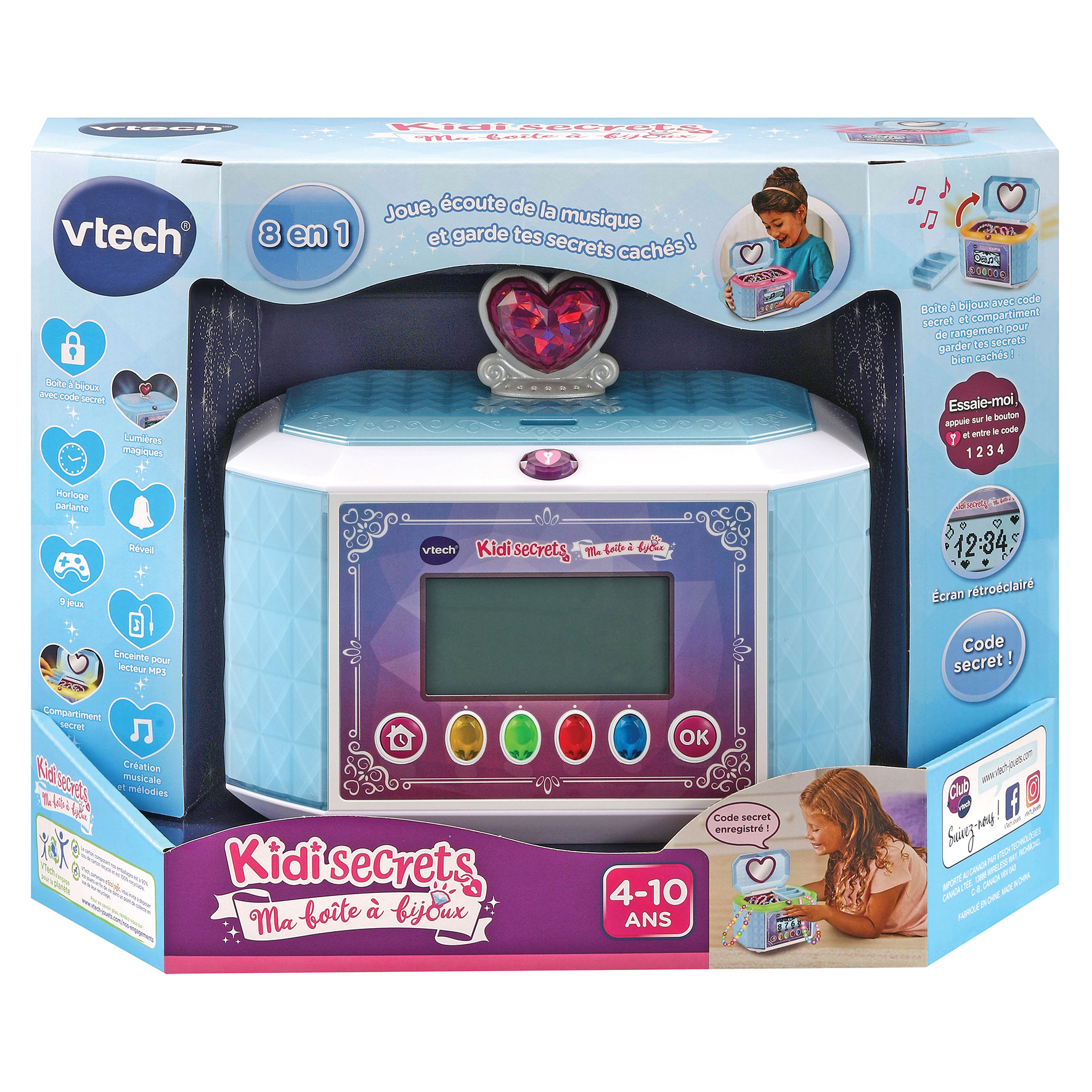 Eine VTech Kidi Secrets Box. Sie ist blau mit einem herzförmigen Juwel und einem Mädchen auf der Box.