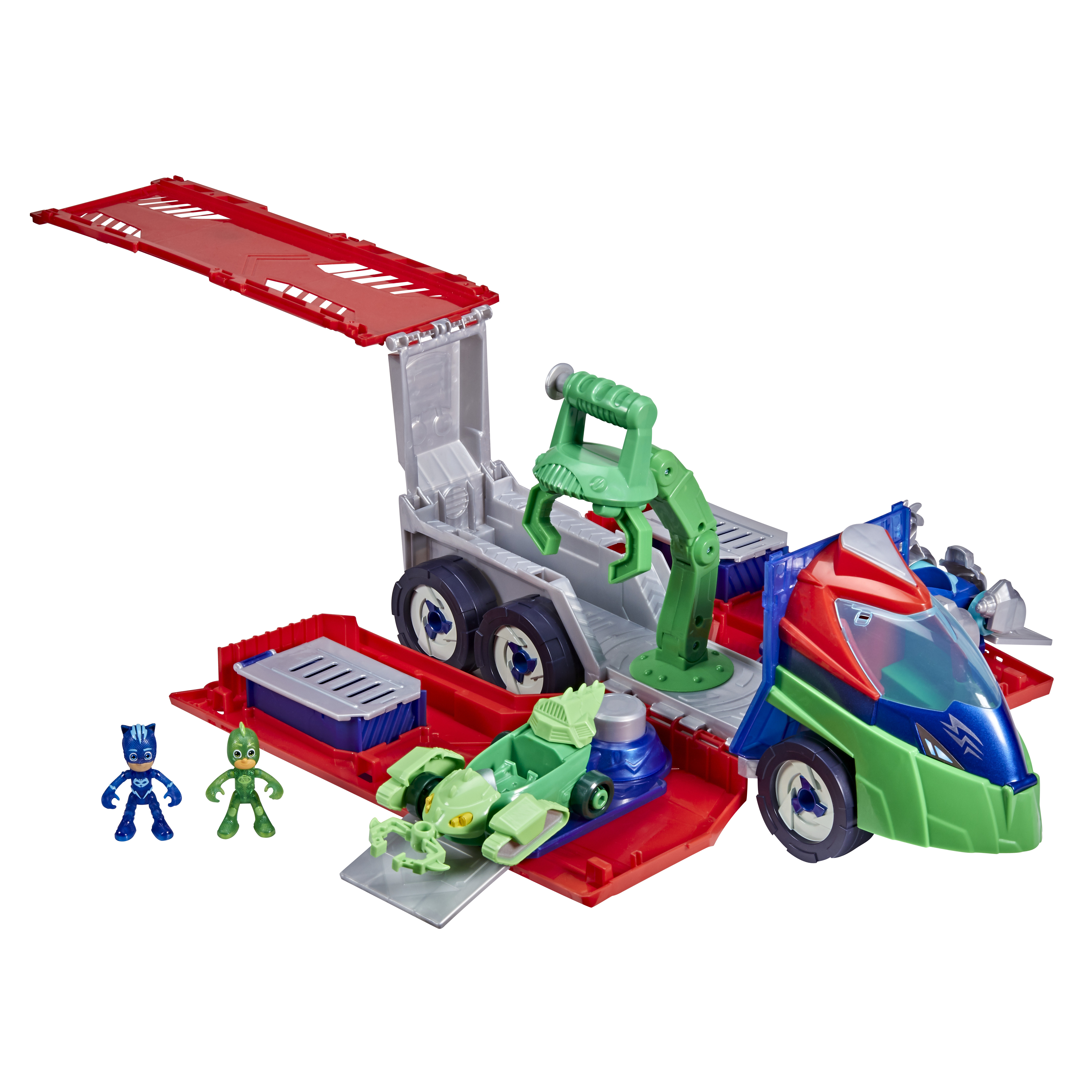 Autocarro giocattolo con parti rosse, blu e verdi. Due piccole figure sono davanti. L'autocarro ha una gru e un'auto piccola.