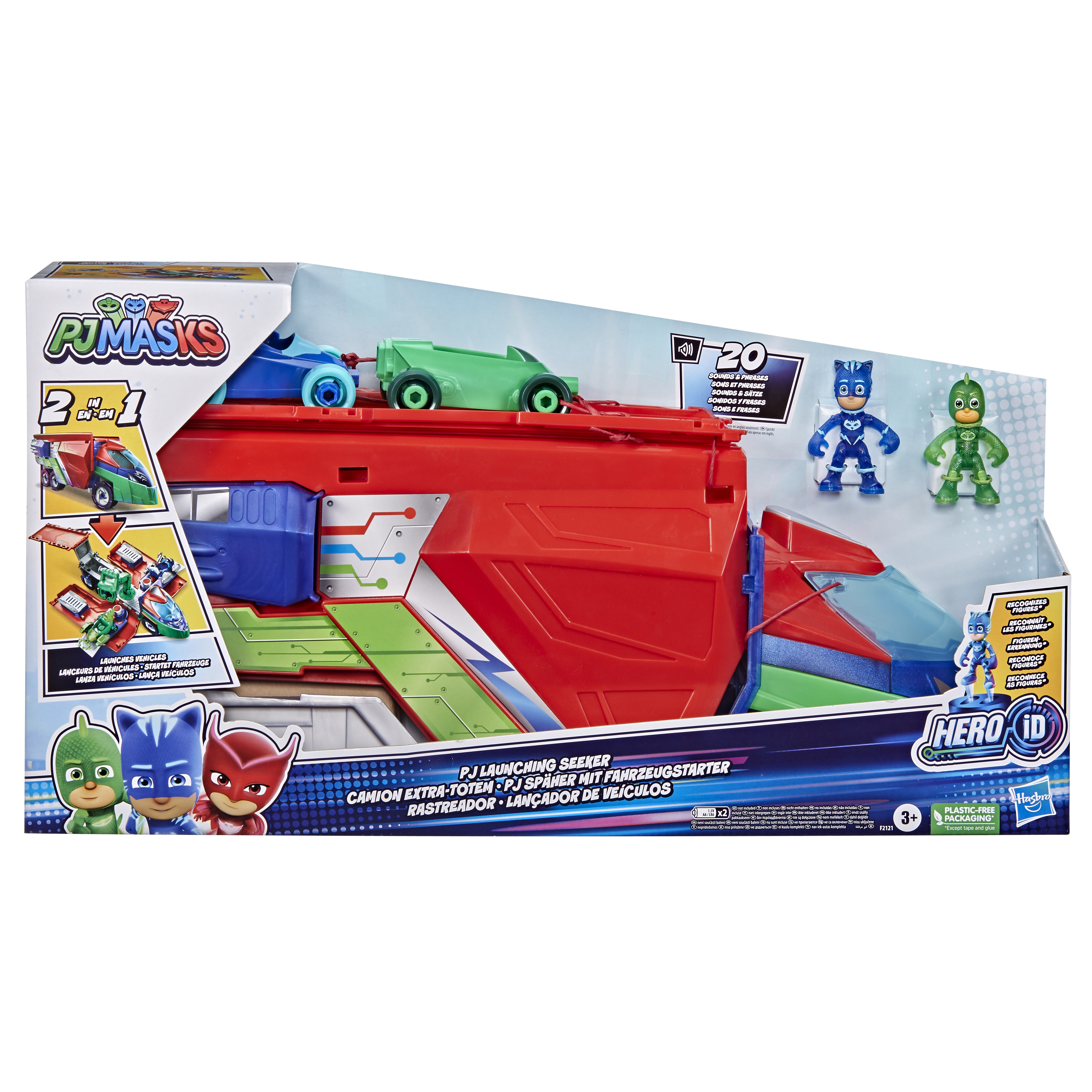 Una scatola di giocattoli PJ Masks. Mostra un grande camion giocattolo rosso e tre piccole figure di personaggi.