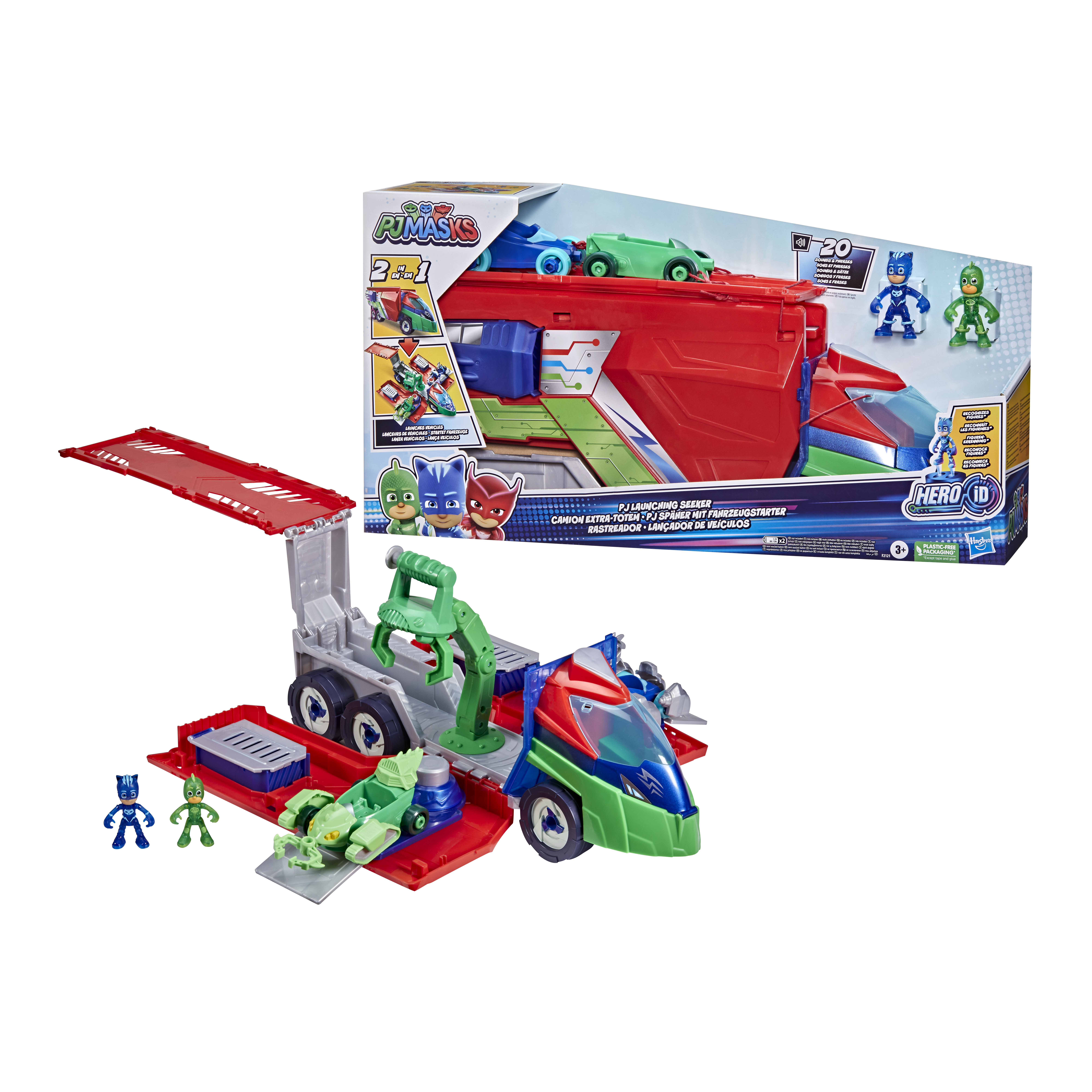 Un set di giocattoli PJ Masks. Include un camion rosso, personaggi e una scatola con immagini dei personaggi e del giocattolo.