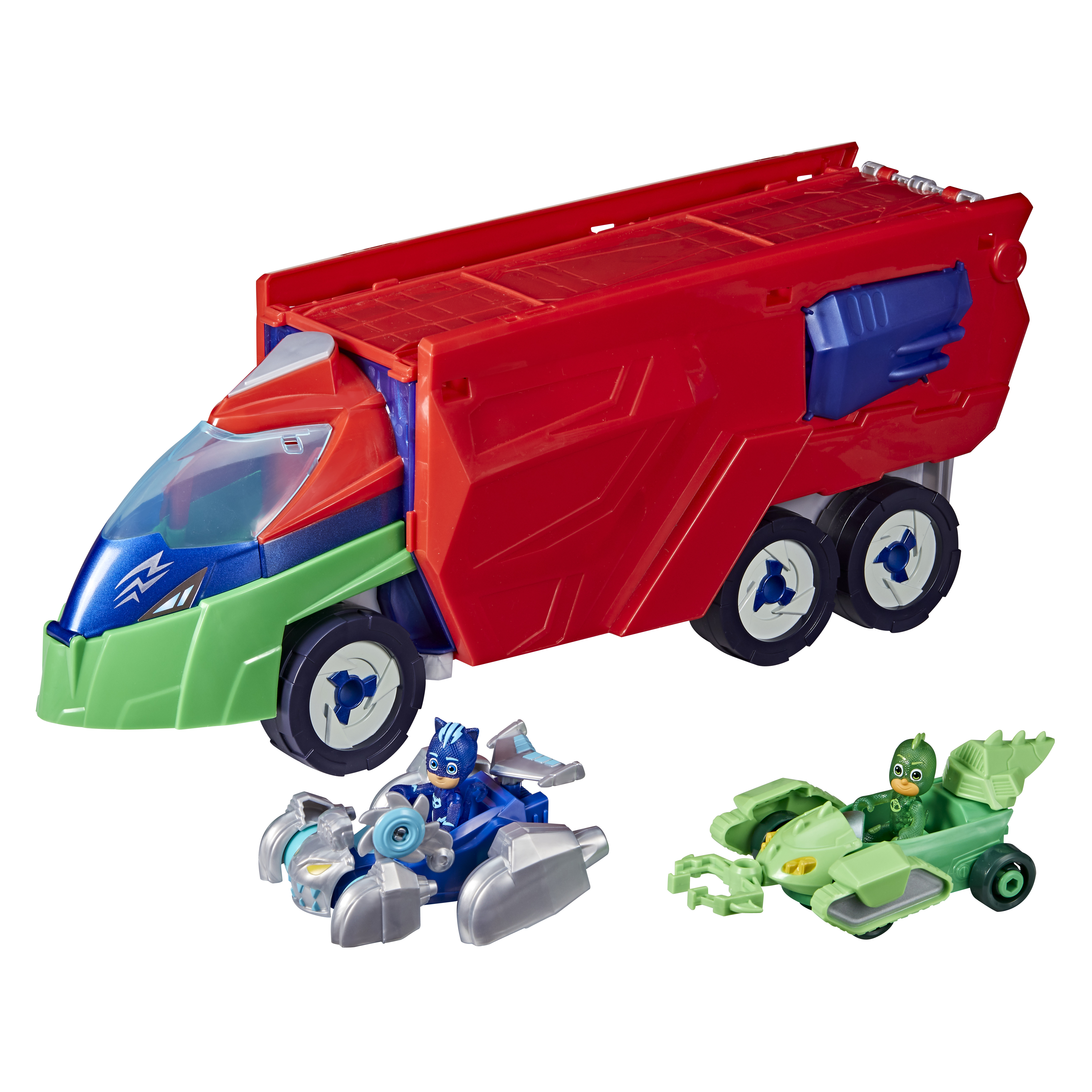 Set di giocattoli con un camion rosso, un'auto blu e un'auto verde. Ognuno ha un personaggio al volante.