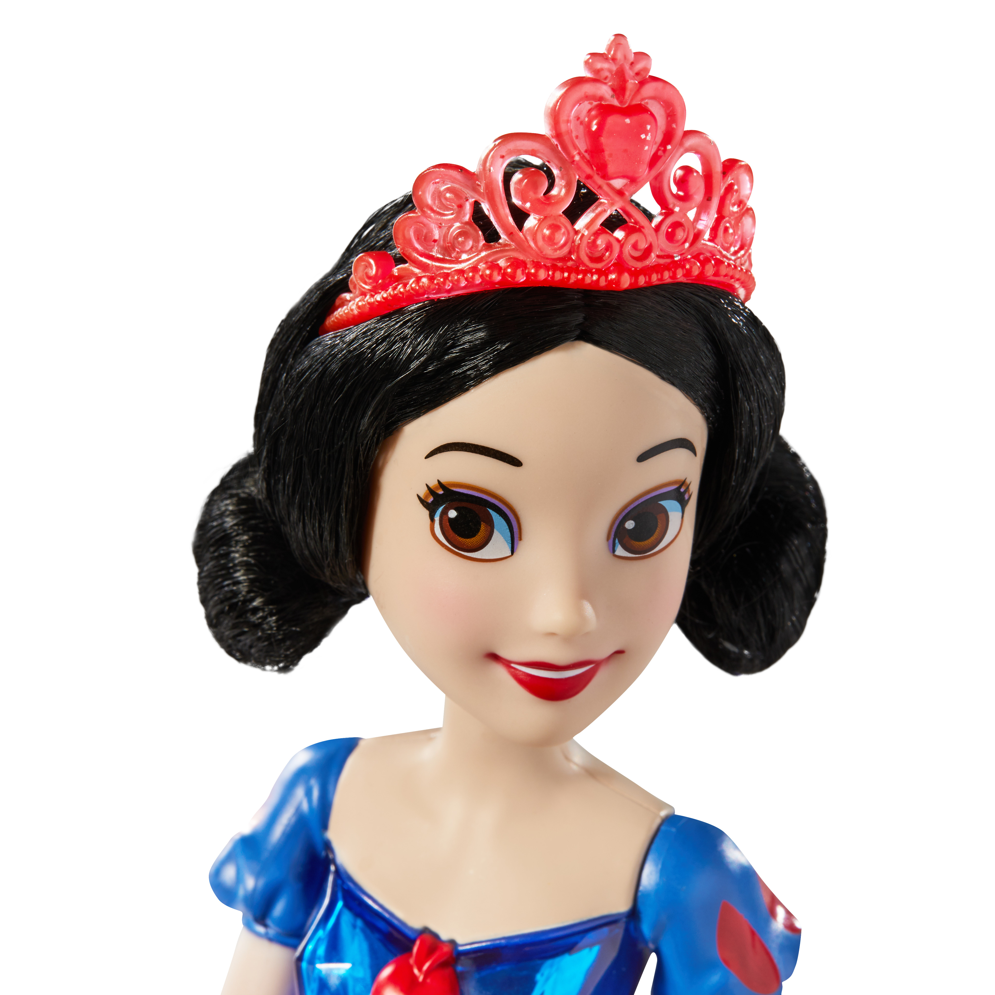 Una bambola di Biancaneve con capelli neri, corona rossa, vestito blu e viso sorridente.
