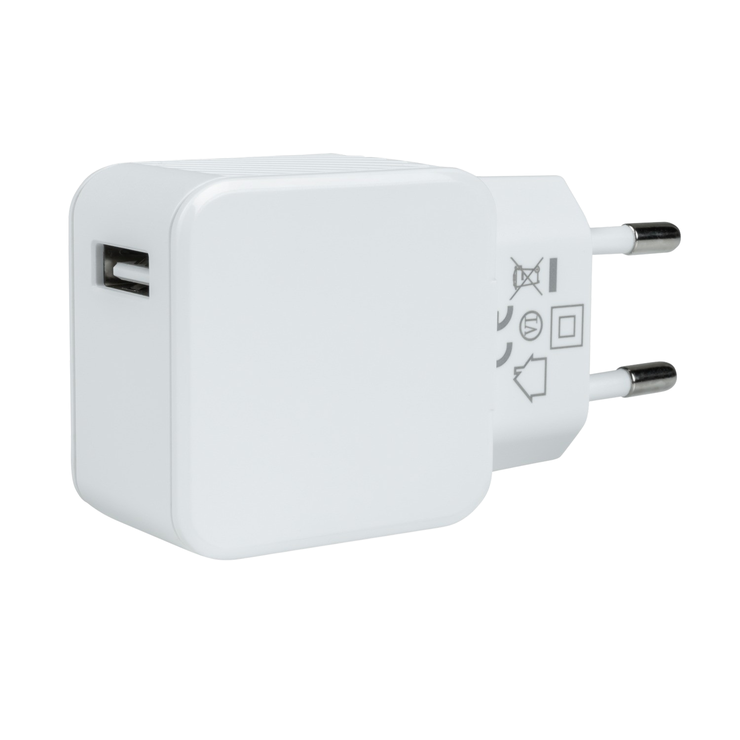 Ein weißes USB-Ladegerät mit einem zweipoligen Stecker. Es hat einen USB-Anschluss und mehrere Symbole.