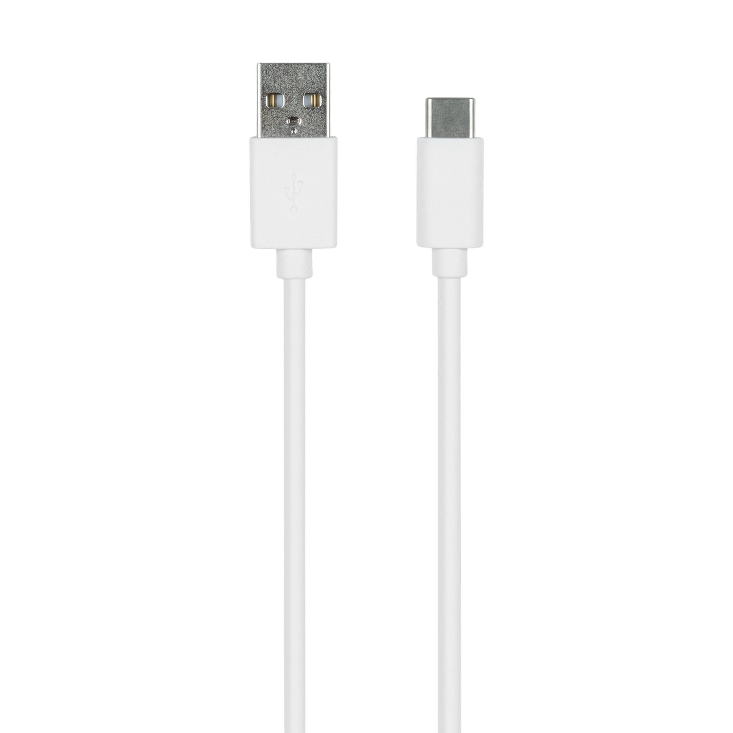 Ein weißes USB-Kabel mit einem Standard-USB-Anschluss und einem USB-C-Anschluss auf schwarzem Hintergrund. Das Kabel verläuft vertikal.
