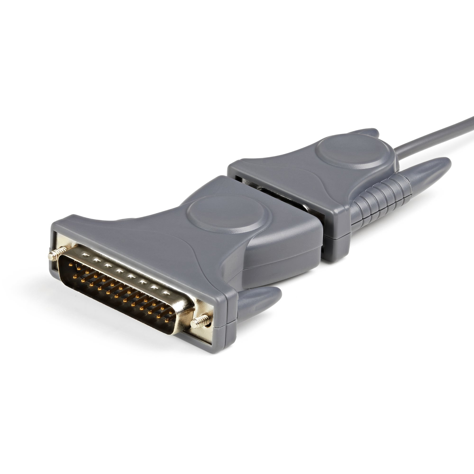 Graues DB25-Steckerkabel vor weißem Hintergrund. Das Kabel hat zwei Stecker und einen grauen Draht.