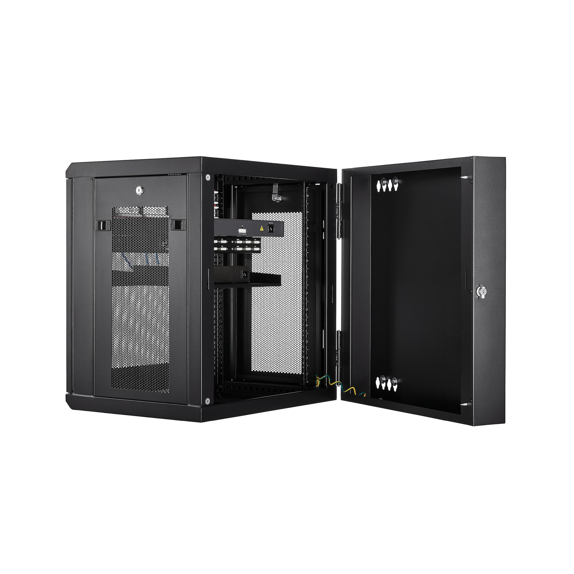 Un rack de servidor negro con una puerta abierta. El interior es visible con componentes.