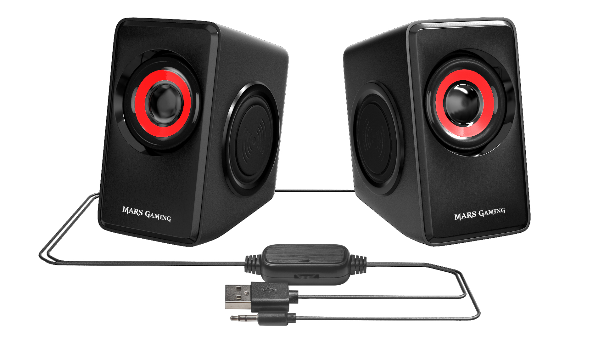 Due altoparlanti neri Mars Gaming. Ognuno ha un anello rosso attorno. I fili li collegano a USB e jack audio.