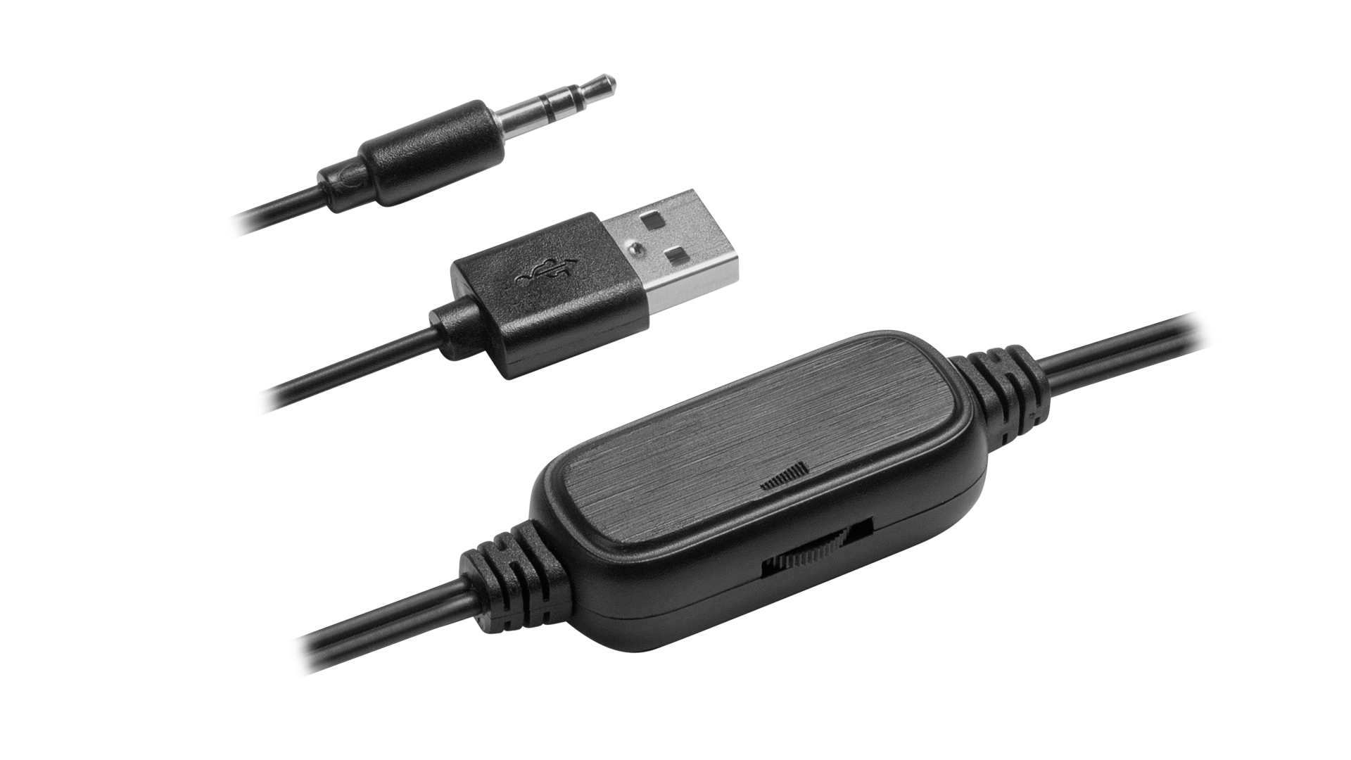 Tre cavi neri su bianco. Uno è un jack da 3,5 mm, uno USB e uno con controllo del volume.