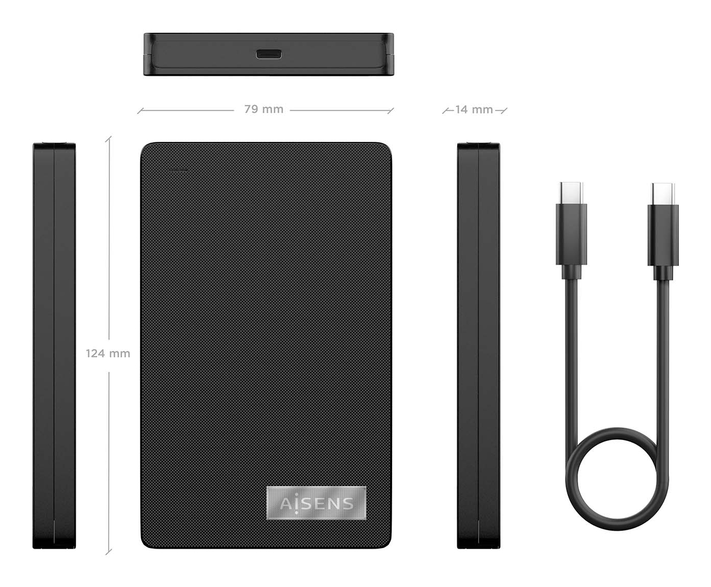 Disco duro externo negro con cable. Dimensiones: 124 mm x 79 mm x 14 mm. Se ve el nombre de la marca.