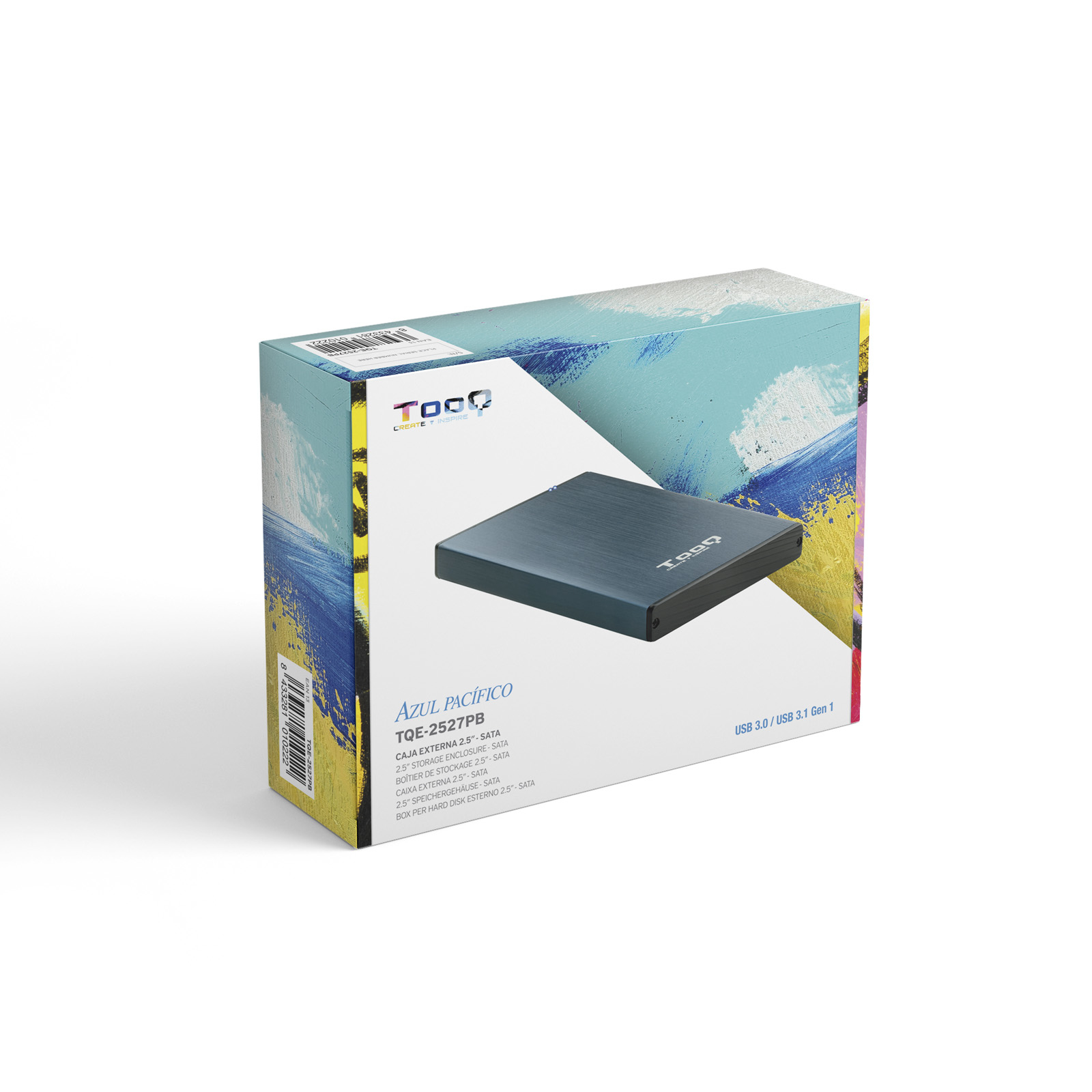 Una caja de producto con un disco duro azul. La caja tiene texto y un diseño abstracto colorido. La marca es Togg.