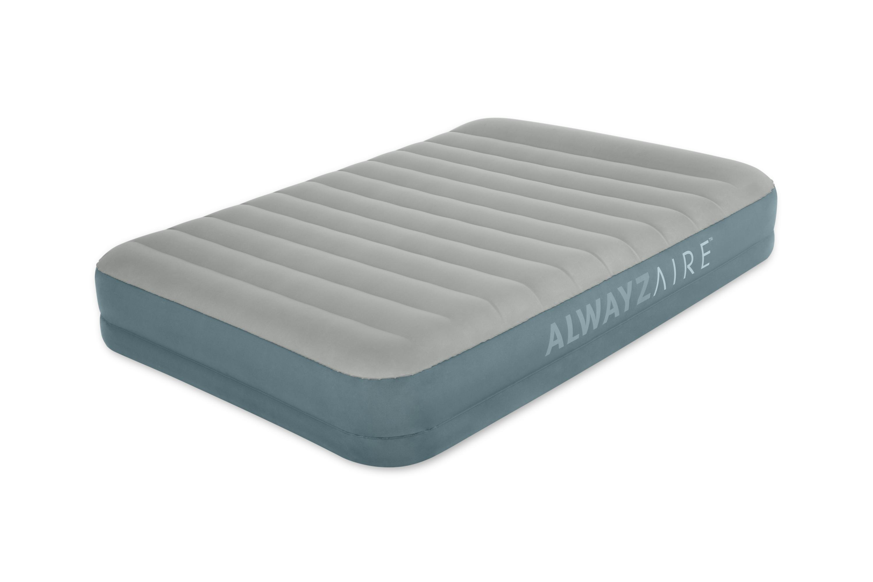 Opblaasbaar bed, grijze bovenkant en blauwe basis, witte achtergrond. De merknaam 'ALWAYSZAIRE' is zichtbaar.