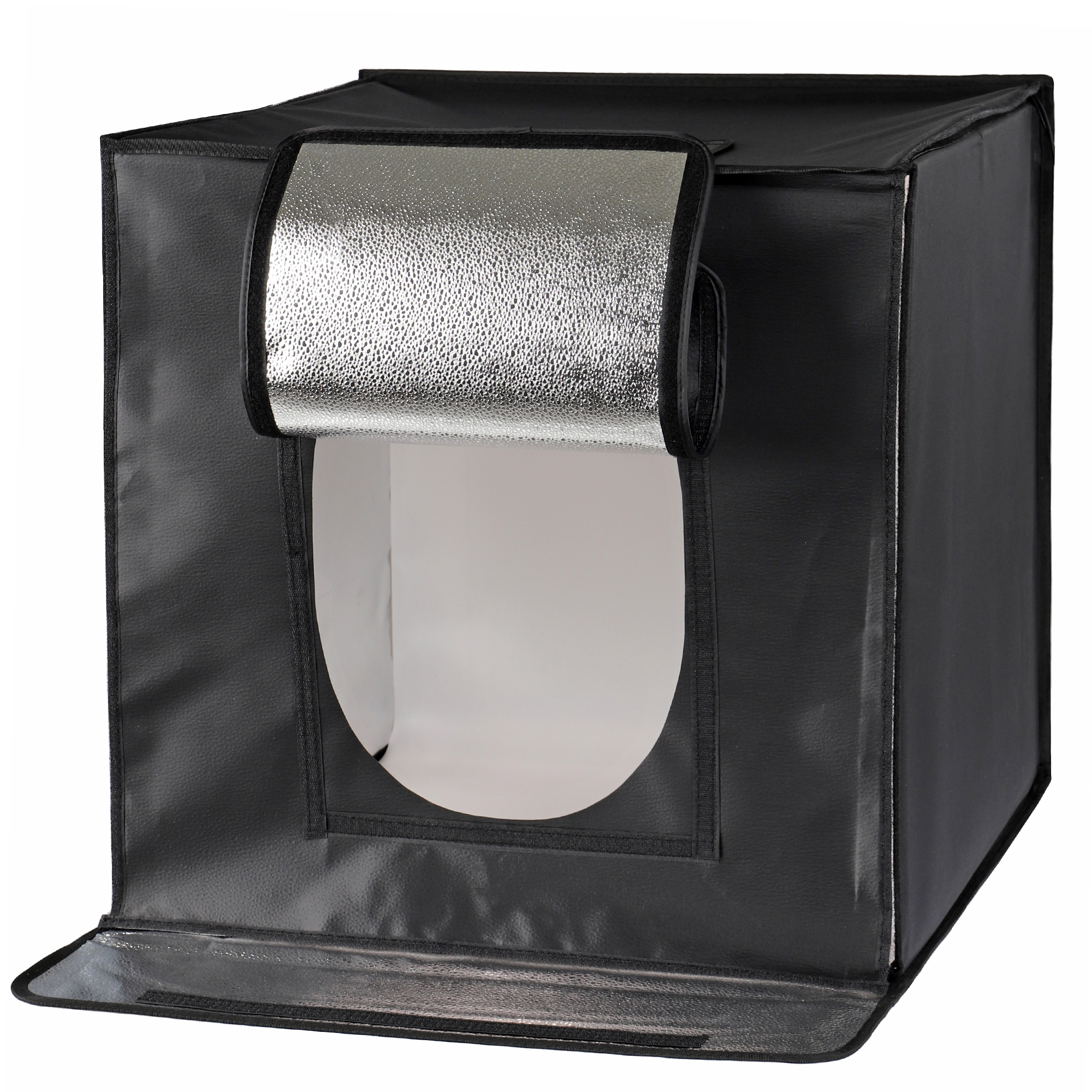 Eine schwarze Fotostudio-Leuchtbox mit silbernem Innenraum und offener Vorderseite. Die Basis ist ebenfalls offen.