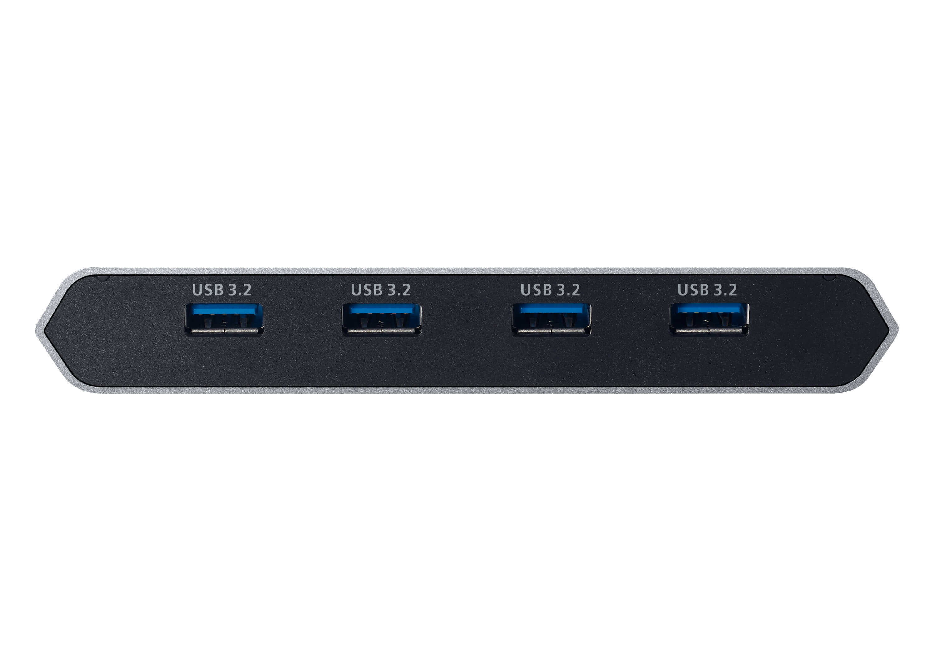 Un hub USB 3.2 avec quatre ports. Chaque port a un insert bleu et est étiqueté USB 3.2. Le fond est blanc.