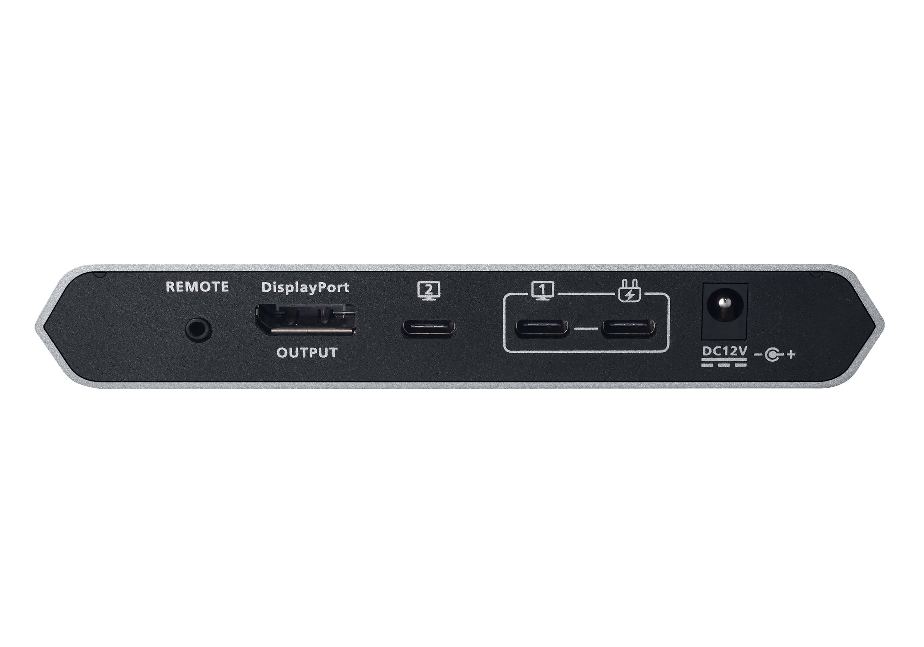 Un appareil noir avec ports Remote, DisplayPort, Output et DC12V. Il a un bord argenté.