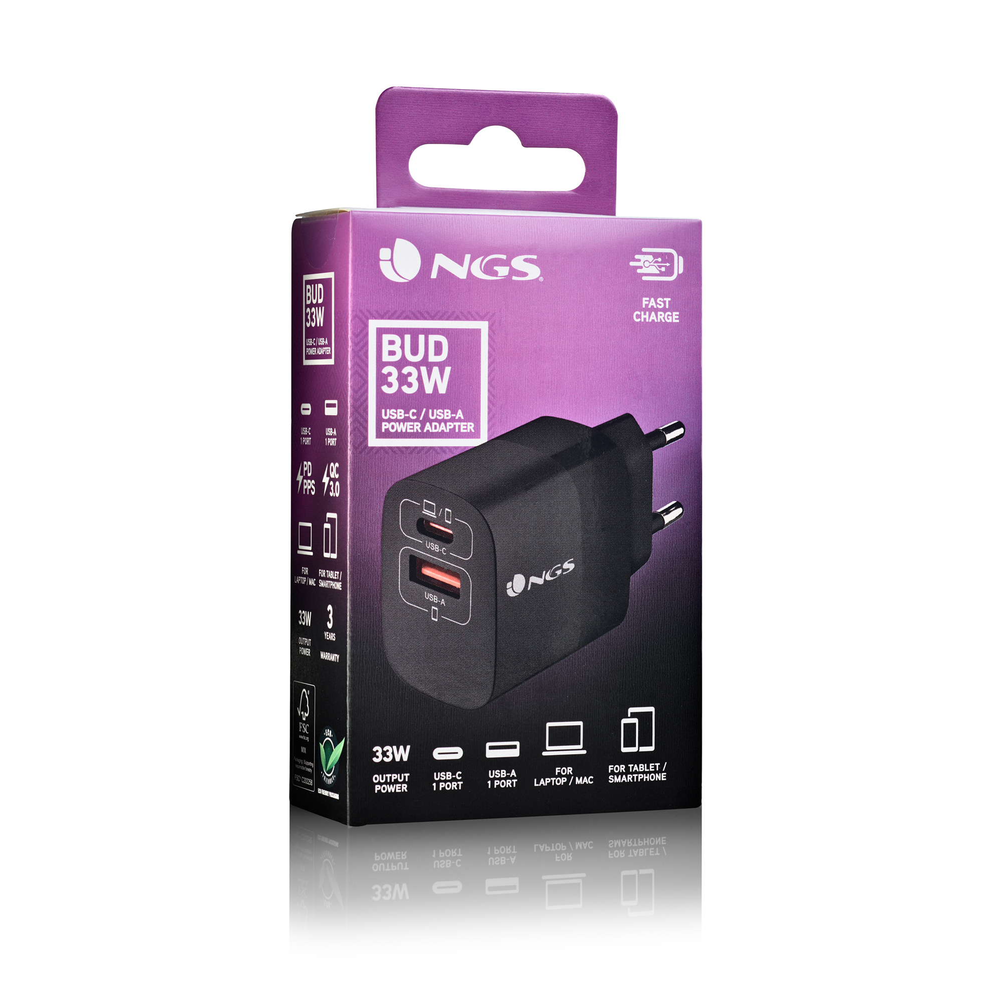 Ein schwarzes NGS Bud 33W Ladegerät mit USB-C- und USB-A-Anschlüssen auf einer lila Box. Schnellladung steht drauf.