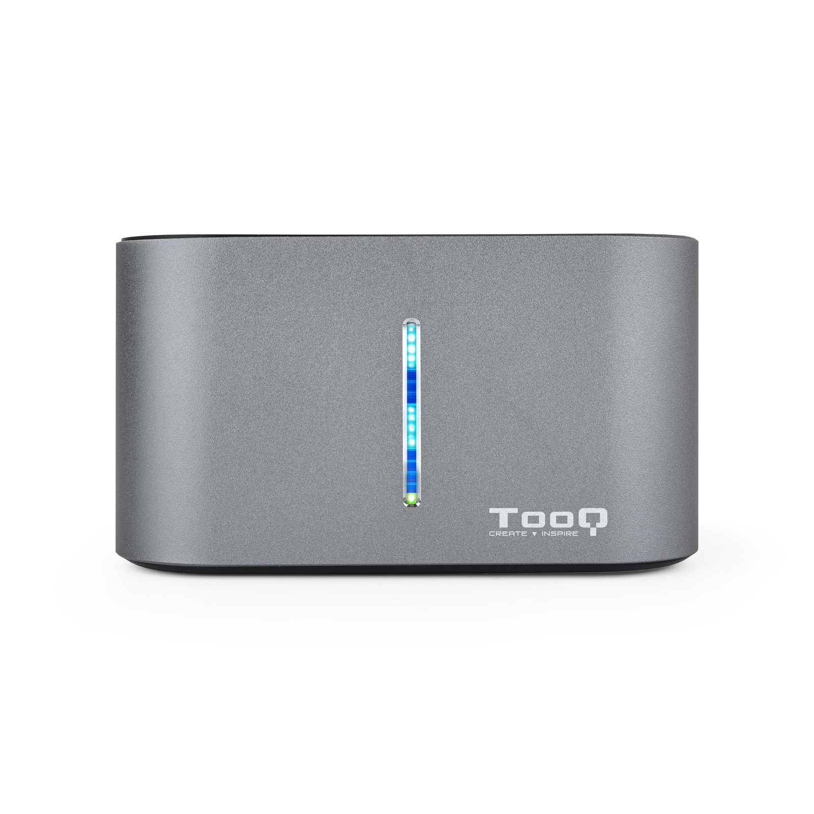 Un dispositivo rectangular gris con una barra de luz vertical. El logo 'Tooq' está abajo y el fondo es blanco.