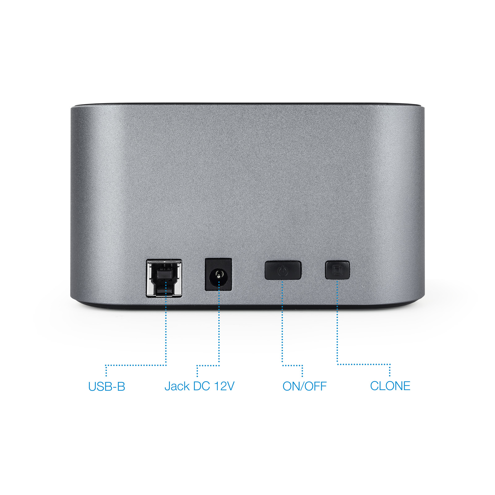 Un dispositivo gris con puertos USB-B, conector CC, encendido/apagado y clonación. Etiquetas debajo de los puertos.
