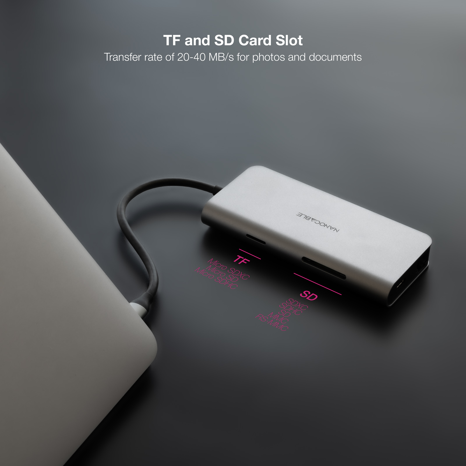 Un lettore di schede argento è collegato a un laptop. Ha slot per schede TF e SD, con etichette di testo. Lo sfondo è grigio scuro.