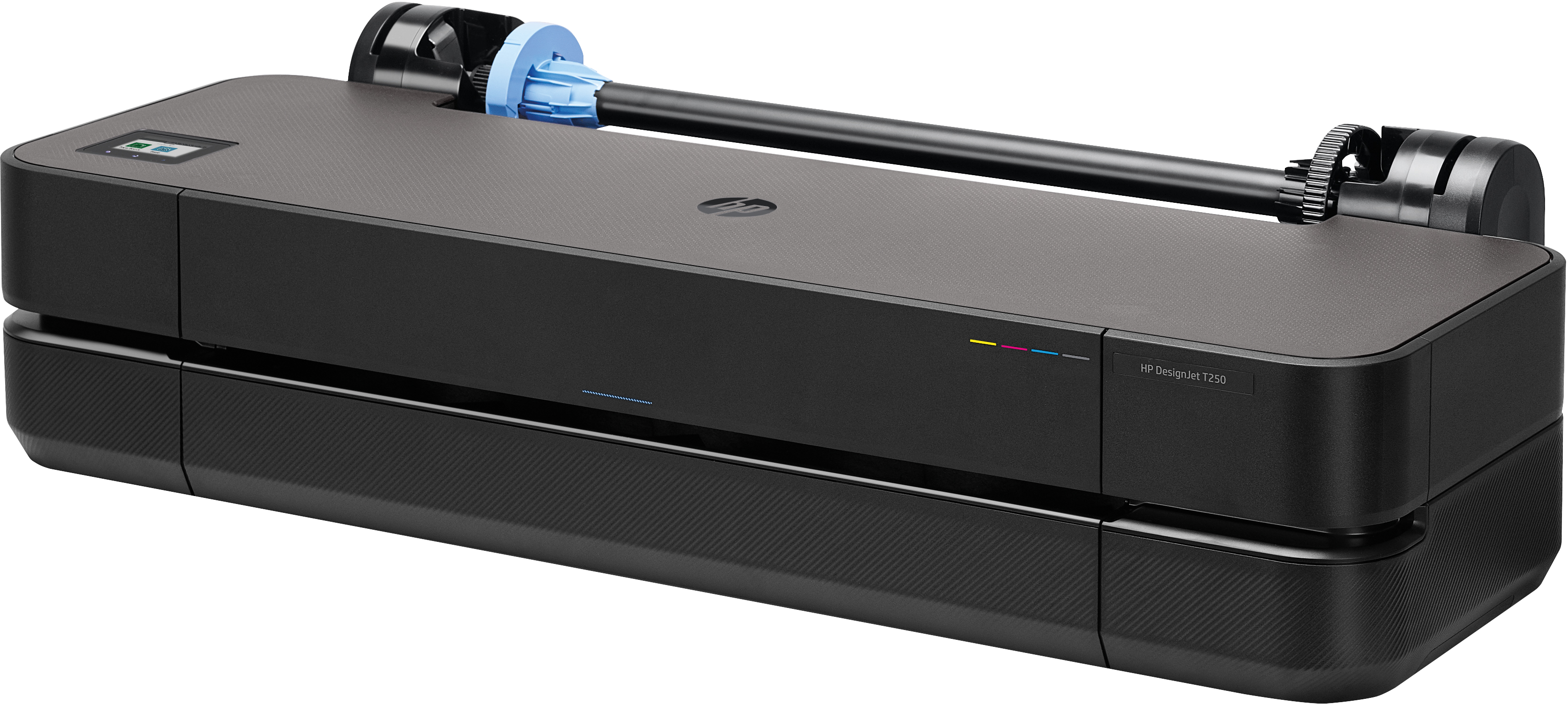 Schwarzer HP DesignJet T250 Drucker. Merkmale sind eine blaue Komponente, eine schwarze Rolle und ein kleiner Bildschirm.